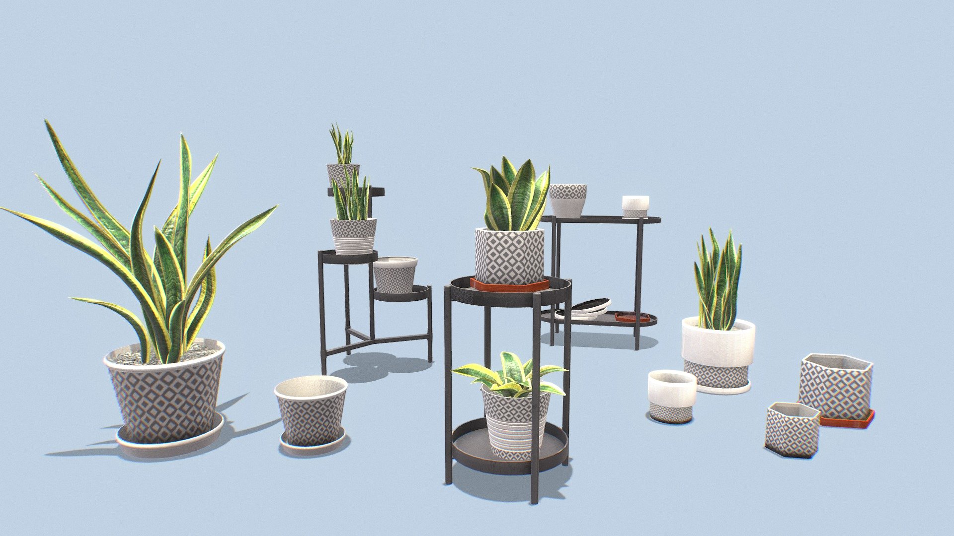 12 different pots in 5 different materials.

3 different stands used with the pots .

5 models of snake plants.

all objects optimized for game engines (Unreal, Unity&hellip;)

Download includes .obj ,.fbx ,blend file for each object.

Textures: 2K PBR, bundled with additional textures for Unity and UnrealEngine.





 - Plants pots collection vol 01 - Buy Royalty Free 3D model by dika3d (@ikad2023) 3d model