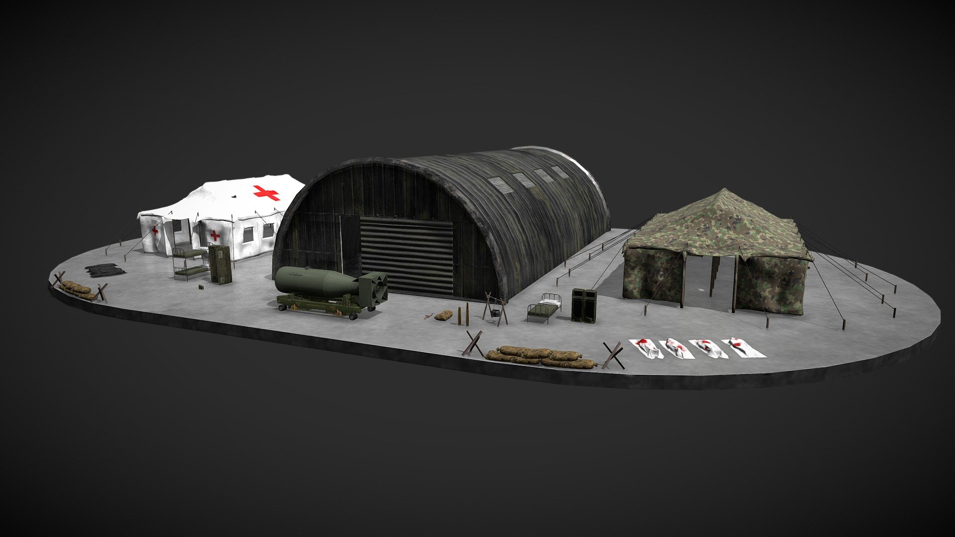 Military base pack containing 24 different meshes.
(15) 2k PBR texture sets total.
You can download some of the assets in lower quality for free from my sketchfab page (Little boy, Ammobox, Ak47, Chained Cauldron) .
Mesh listing:
* Ak-47
* Ammuntion Box
* Army Bunk and Single Bed
* Metal Storage Cabinet
* Sheet covered bodies x4
* Bag covered bodies x4
* 7.62mm Bullet and Casing
* Survival Chained Cauldron
* Little Boy Atomic Bomb
* Medical Tent
* Military Hangar
* Military Tent
* Sandbags x2
* Steel Hedgehog
* Warhead Transporter - Military Base Pack - Buy Royalty Free 3D model by Andrej Grave (@andrej.grave) 3d model