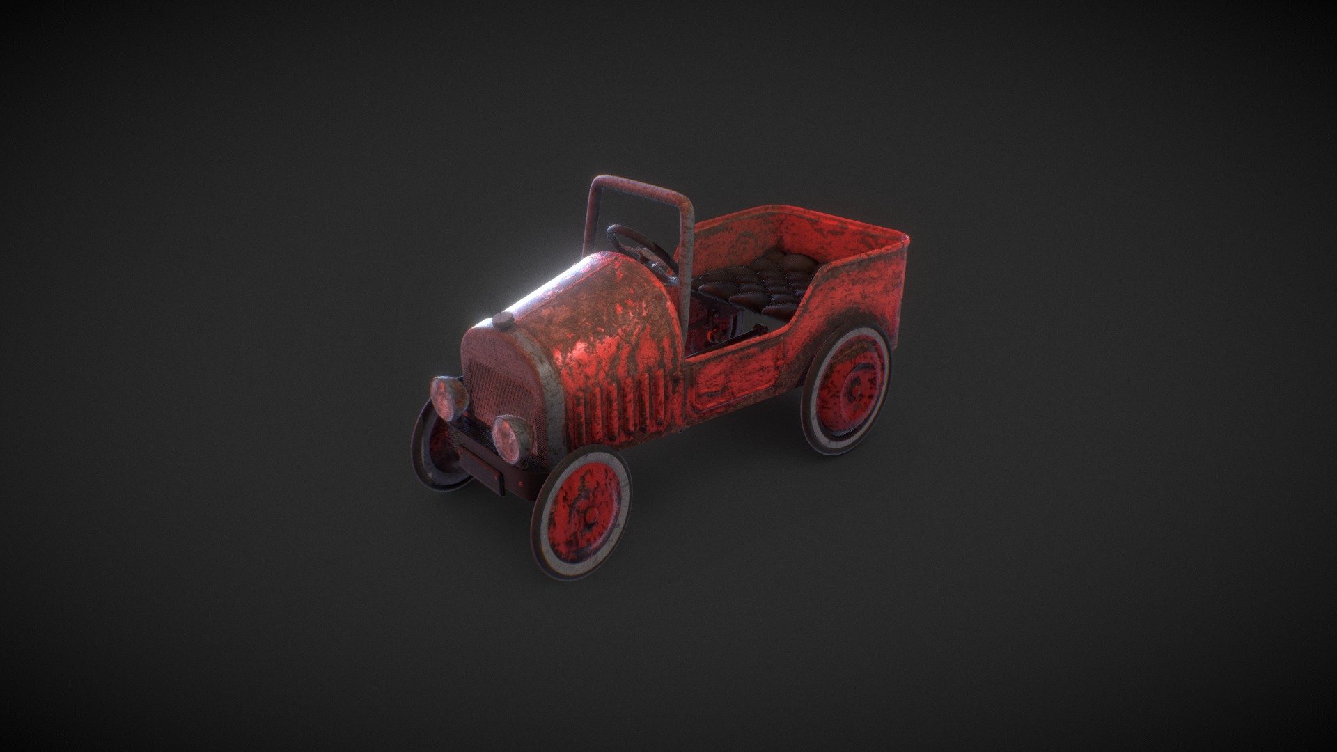 Old, forgotten by all, a rusty red pedal toy car.

Model made in Blender 2.79

Modeling time-lapse:
https://youtu.be/NRvZy8ozEeY - Rusty Pedal Toy Car - 3D model by VitSh 3d model