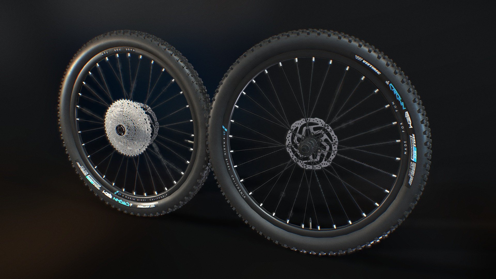 This is a 3d model of mountain bike wheel ready for using as bicycle components. It is a 29inch wheel for downhill, enduro, trail, crosscountry MTBs.This product consists of rim, tyre,hubs,disc rotors and 11speed 11-51T Cassette.

This model is created in Blender and textured in Substance Painter.

This model is made in real proportions.

High quality of PBR texture maps are available to download 3d model