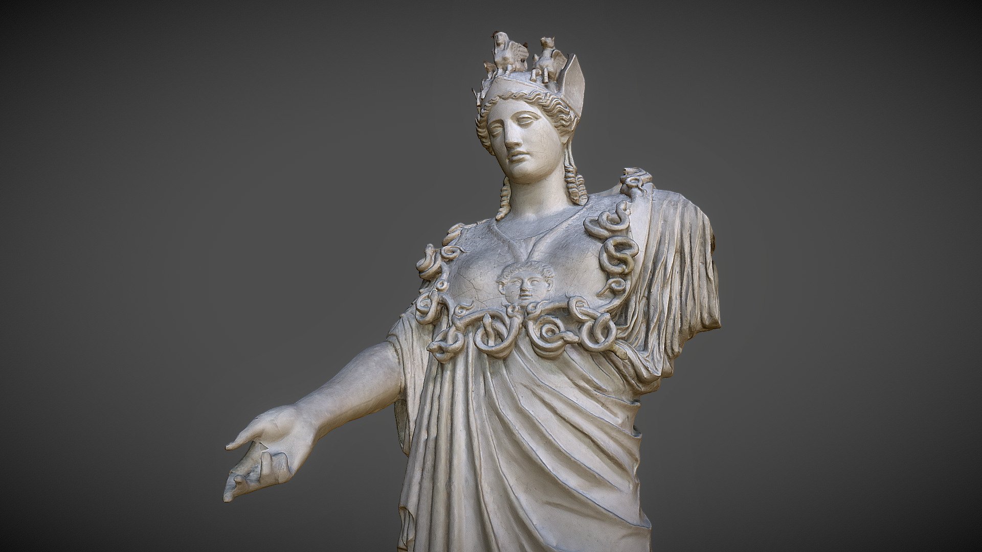 Athena Hope-Farnese. This statue of Athena is a plaster copy Roman copy of a Greek original of the late 5th century BCE. The Royal Cast Collection (Copenhagen, Denmark). Made with Memento Beta (now ReMake) from Autodesk.

The elaborate helmet of the Goddess is inspired by the one of Athena Parthenos in the Parthenon. Restored are the arms, animals on the helmet and cheekpieces, and some aegis snakes. Roman period, Height 224 cm. Naples, National Museum. 

For more updates, please follow @GeoffreyMarchal on Twitter 3d model