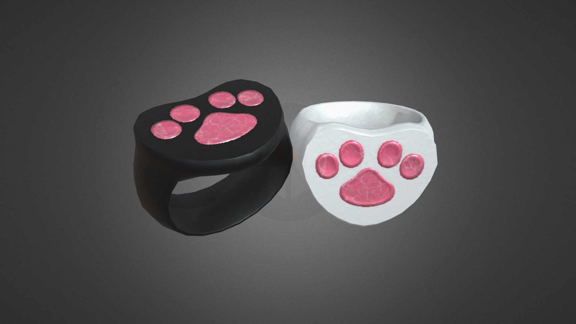 A pair of game ready cat rings. Perfect for cat enamored couples who want their very own special rings.

Each ring consists of around 600 tris. All the maps are baked in from a higher quality version I made. The original high poly ring was around 2,600 Tris. For those curious what maps these rings use. I have two diffuse maps for both the black and white version, and they all share the same Normal Map, Ambient Occlusion Map and Roughness Map. All maps have around a 256x256 pixel size, so these should be highly optimized for game use. 

For downloads for the rings, simply send me a message or a comment. I'd be more than happy to give you a copy of these lovely rings.

Ciao,
Clo7er 3d model