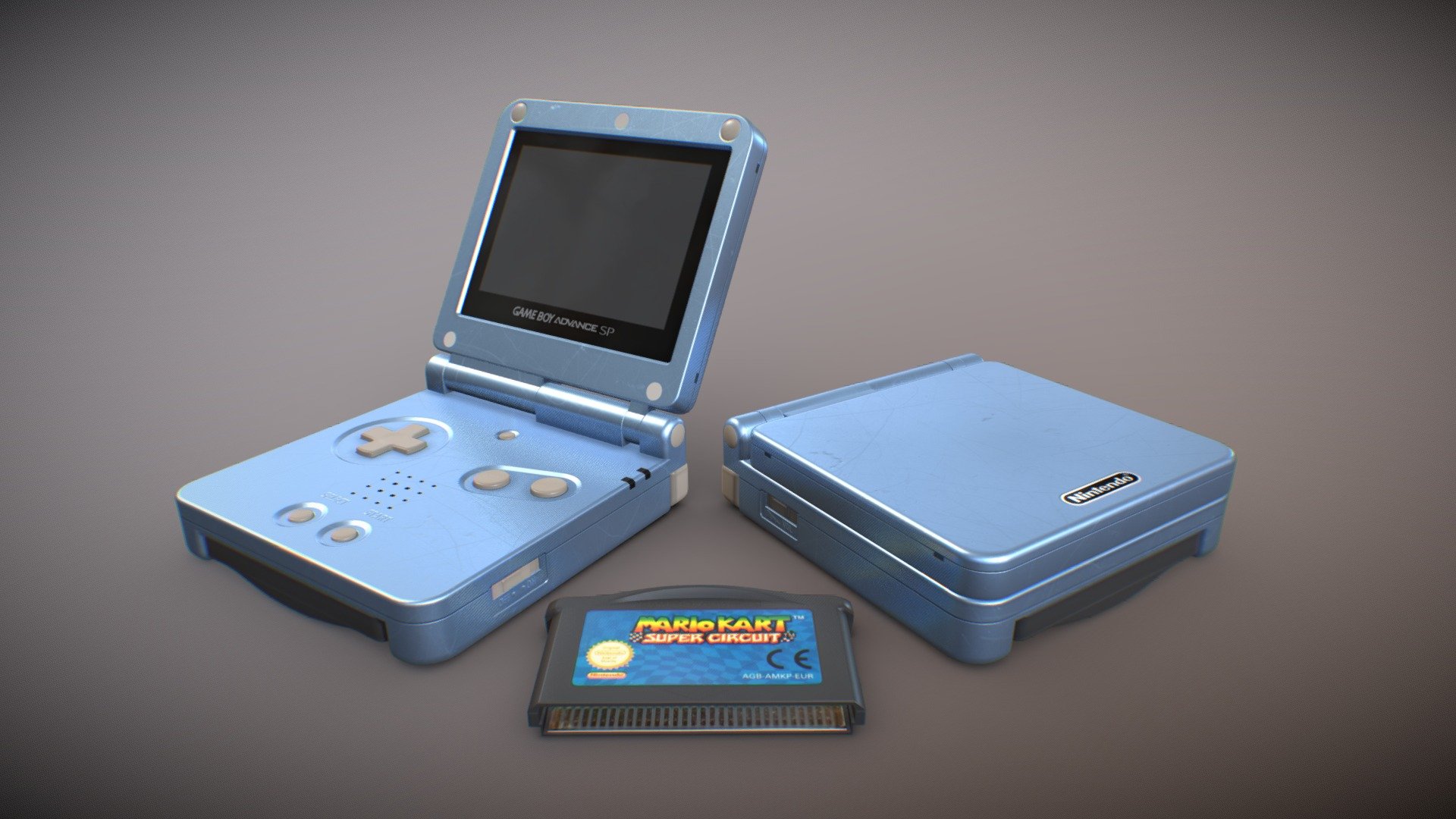 Pearl Blue Nintendo Gameboy Advance SP Console with Mario Kart Super Circuit game cartridge
Modelled and textured in blender - Gameboy Advance SP - Buy Royalty Free 3D model by Geng4d 3d model