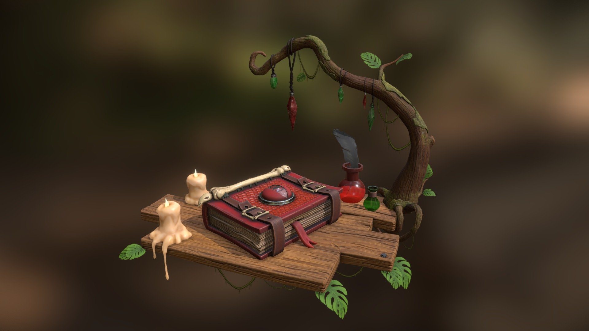 This is a game ready model of a mage's book as well as accompanying pieces. I modeled parts of the high resolution meshes in Maya and other parts in Zbrush. I then modeled the game resolution meshes in Maya and textured them in Substance Painter. I wanted to go for a more stylized look with this piece while still using a PBR workflow 3d model
