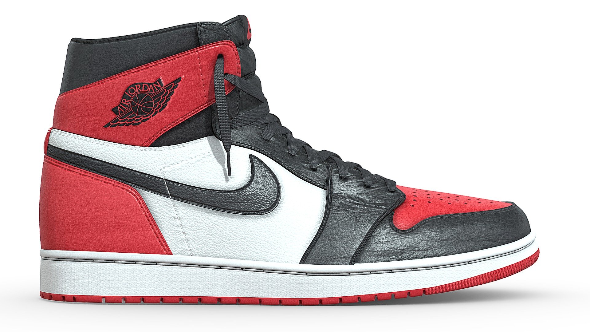Jordan 1 silhouette in the Bred Toe Colourway. A modern take on a classic design, this sleek colourway pays homage to the Chicago Bulls. A black leather toe is complemented by hits of red on the heel, collar, toe box, and outsole. 

Modelled in Blender and textured in Substance, no detail went overlooked in the creation of this shoe. As a result it is subdivision ready. Unwrapped with efficiency in mind both left and right shoes are mostly identical, save for logos and text that cannot be mirrored. This was done to save on having 8 texture sets instead of 4, most of the unwrapped mesh of one shoe overlaps with the other.

An alternate version of the shoe, which combines those 4 texture sets into just 1 is available, along with lace colour variations 3d model