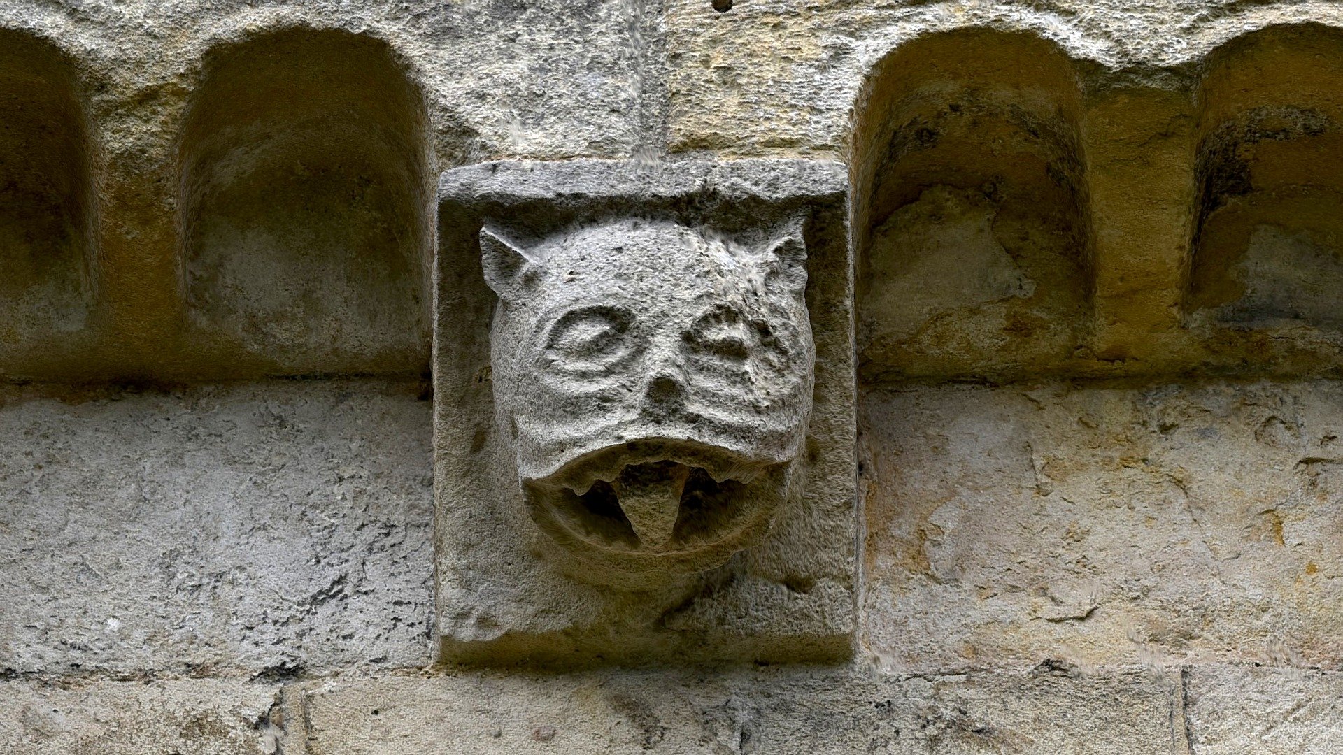 Medieval feline head installed on a corbel along the lower north level of Romsey Abbey, Romsey, Hampshire. The architecture of the medievel abbey is adorned with at least 400 decoratively carved stone corbels and grotesques.

Photographs taken June 2019 3d model