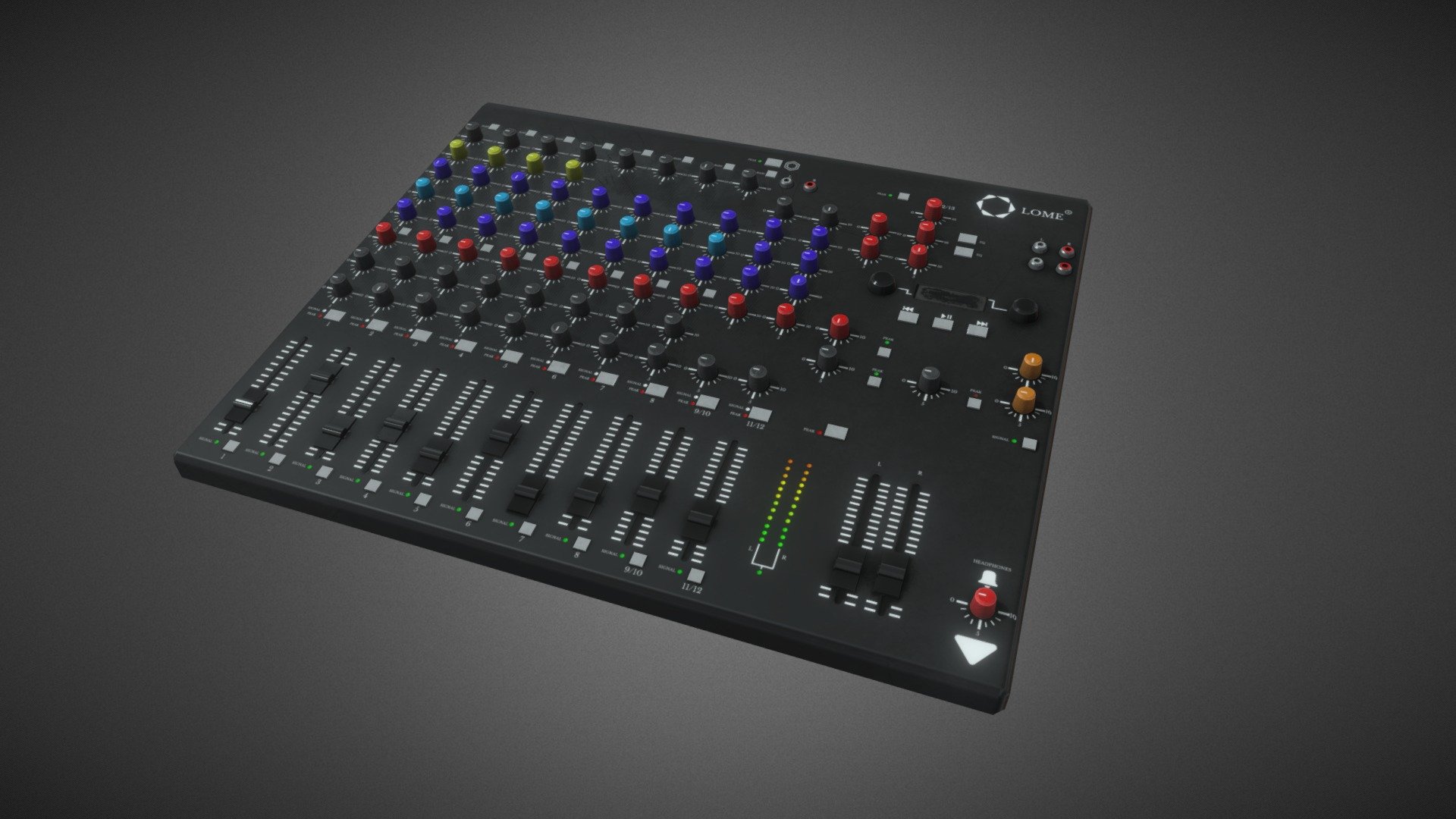 Fictional soundboard (Lome brand) made in blender, unwrapped and with PBR 4K materials Polygon count: Vertices: 5640 Triangles: 10672 Number of materials: 1 Types of materials and texture maps and number of textures: PBR (BaseColor, AO, Curve, Height, Metallic, Roughness and Normal) - 1 Texture Texture dimensions: 4096x4096 UV mapping: Yes Rigging: No Animated: No - Lome Soundboard - 3D model by zombitt 3d model