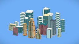 24 low poly buildings office, white, country, skyscraper, town, commercial, city, blue