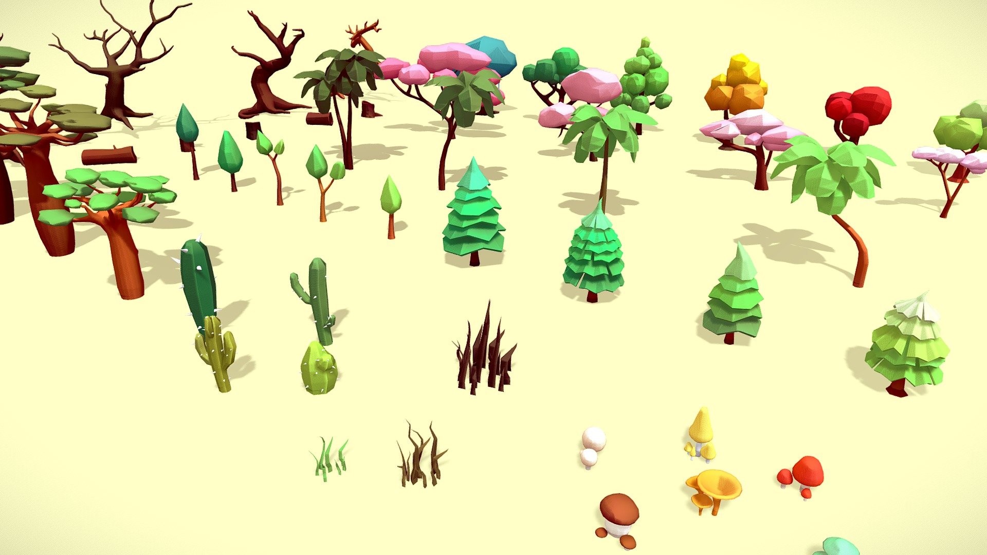 This pack is like a forest full of fun, featuring a variety of beautifully crafted, low polygonal trees that are sure to add some serious style to your work. From majestic pines to whimsical other trees, each one has its own unique personality and charm.

The low poly style gives these trees a playful, distinctive look that will make your project stand out. They’re perfect for use in video games, animations, advertisements, and more. And with compatibility for most 3D software packages, they’re easy to integrate into your work.


Collection description:
Collection: 1 files ( FBX )  + 1 full color texture ( PNG )




7 Mushrooms  ( 8570 tris ) 

3 Grass  ( 921 tris )

4 Cactus  ( 1648  tris )

3 Bao bab  ( 6616 tris )

9 Spicy pine  ( 4148 tris )

4 Coconut tree  ( 2857 tris )

4 Cherry blossom  ( 5466 tris )

7 Trees  ( 6708 tris )

5 Dry log  ( 1452 tris )

4 Dry Trees  ( 23497 tris )


Hope to receive everyone’s support and receive many suggestions to improve the product better. Thank - Trees lowpoy - Evironment pack - Buy Royalty Free 3D model by DuNguyn - Assets store (@nguyenvuduc2000) 3d model