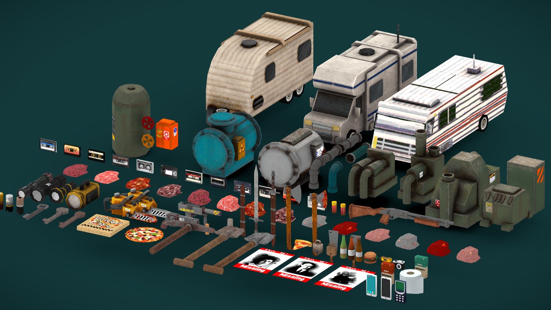**This asset pack contains the following psx-like assets : **

In the viewer there are displayed only a part of the models.




RVS

Mechanical/Machinery/Generators

Cassette Tapes

Guns(Shotgun/Uzi/Handcannon/USP/Mauser,Flamethrower/Katana)

Meats/Flesh

Melee(Chainsaw/Axe/Cleaver/Sword)

Deadly Traps

Misc Items(Guitars,flashlights)

I am going to add more assets to this pack :) - PSX-Megapack - Buy Royalty Free 3D model by wildenza 3d model