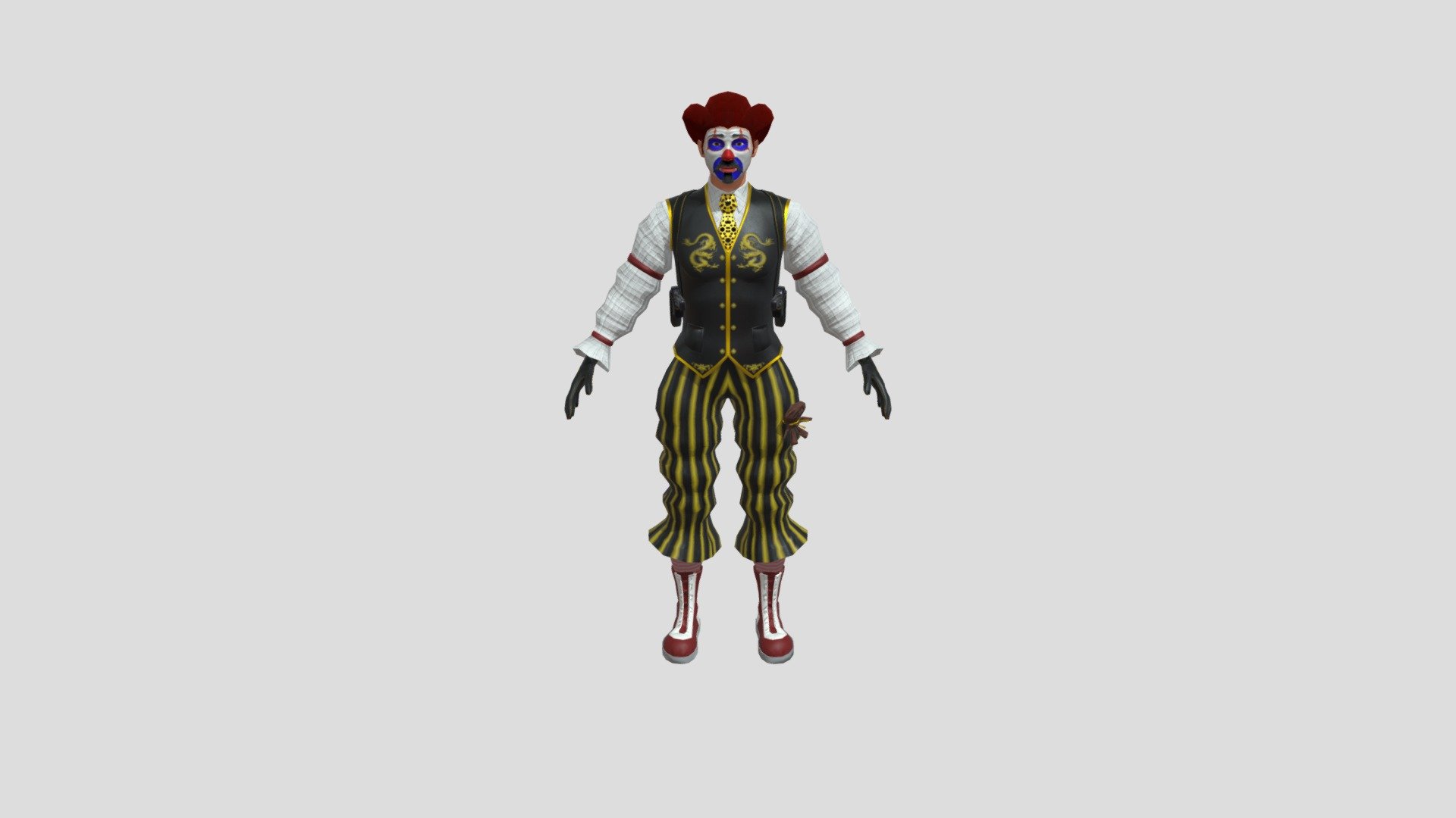 The low poly model of the Clown Warrior consists of 9,668 triangles. 4K PBR textures are packaged in a JLB file. Basic rig is available. The model is equipped with dummies of two pistols in underarm holsters and a Voodoo doll 3d model