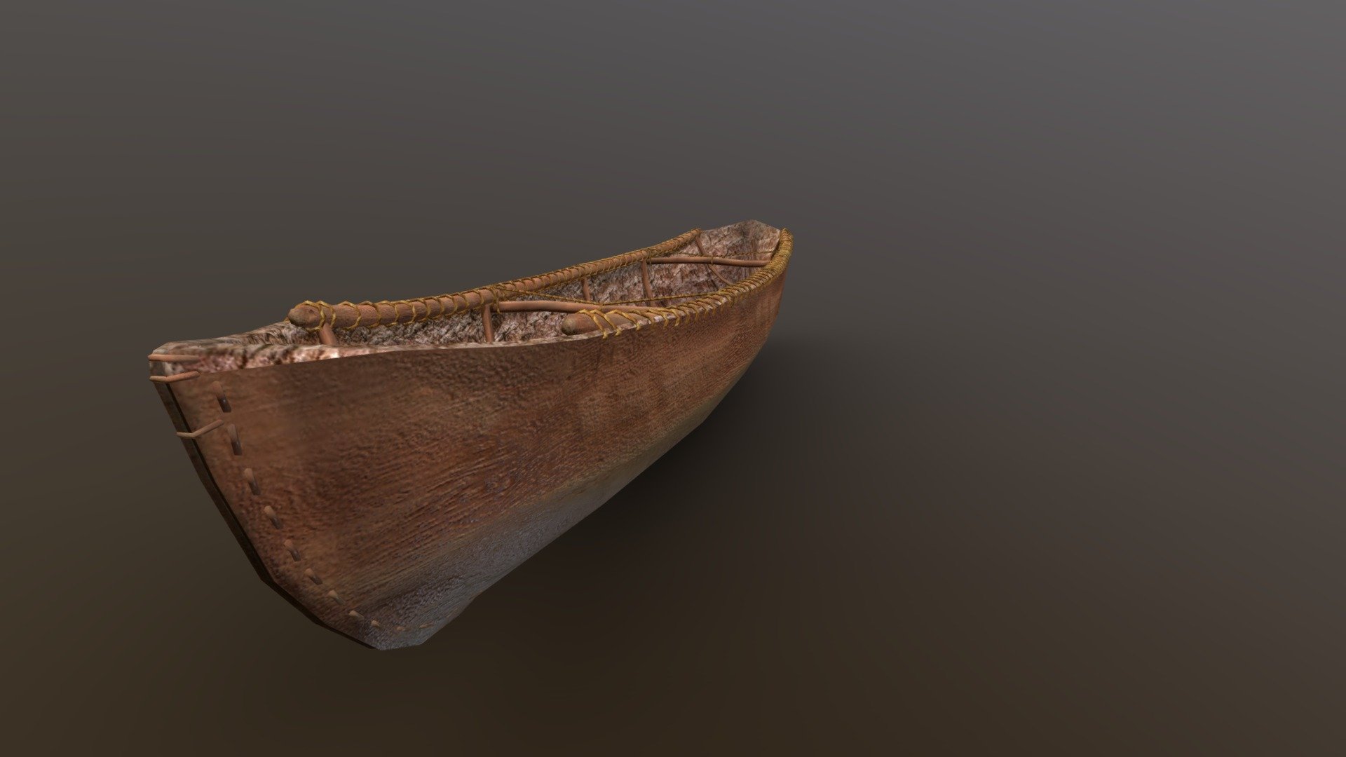 This canoe was made of one piece of Swamp Mahogany Bark and along with supports was also sewn together on both bow and stern prows.
It was held together with Native Lawyer Cane 3d model