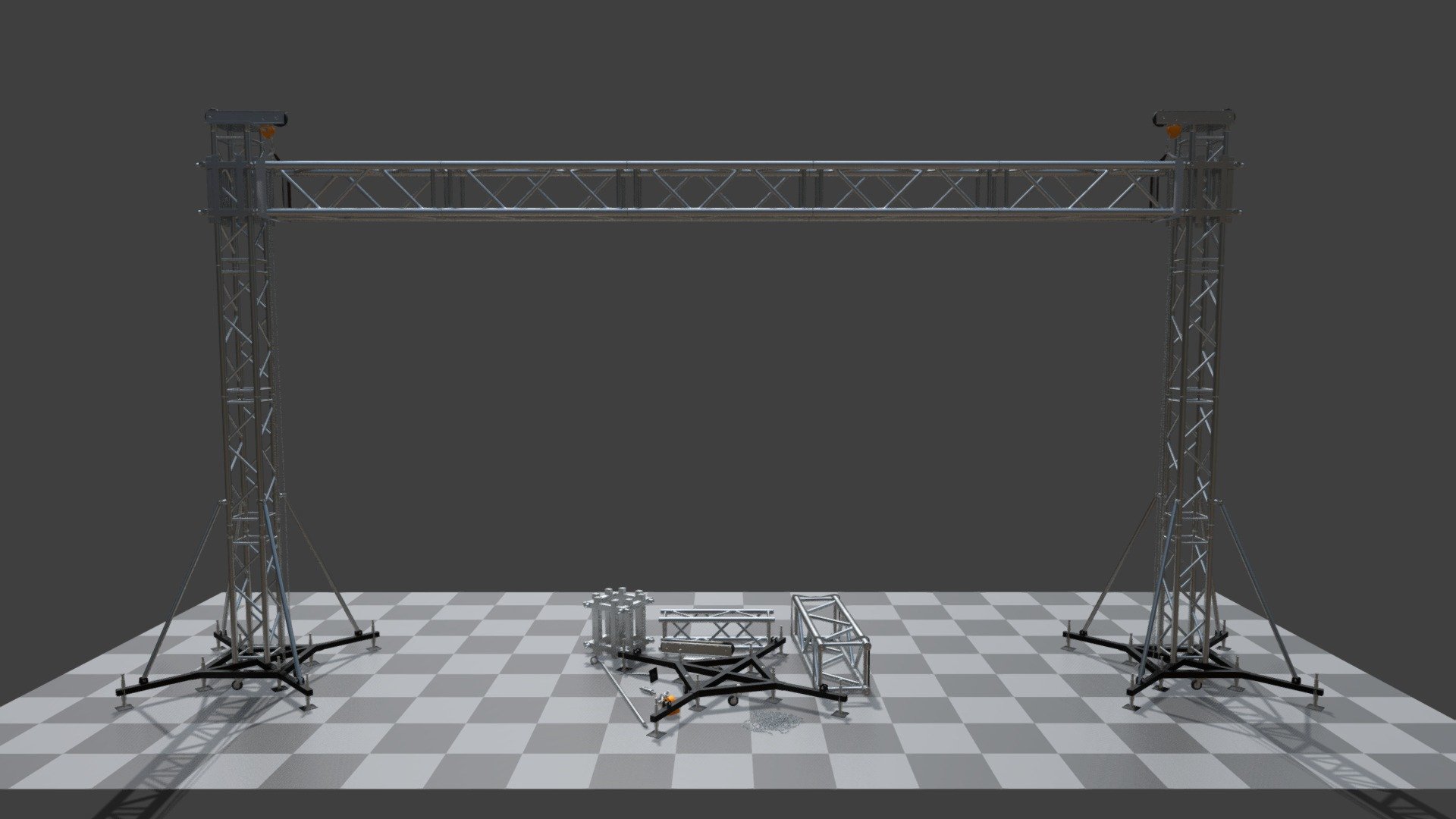 This scene truss kit consists of tileable elements sharing one 2k material. Designed for realtime applications as well as mid-distance renders.

Contents:


Tileable trusses coming in two sizes
Base support with customizable area and outriggers
Sleeve block
Top pulley with chain hoist
Connectors, belts, hooks, chains
 - Scene Truss Kit - 3D model by Damir Guliev (@dgul) 3d model