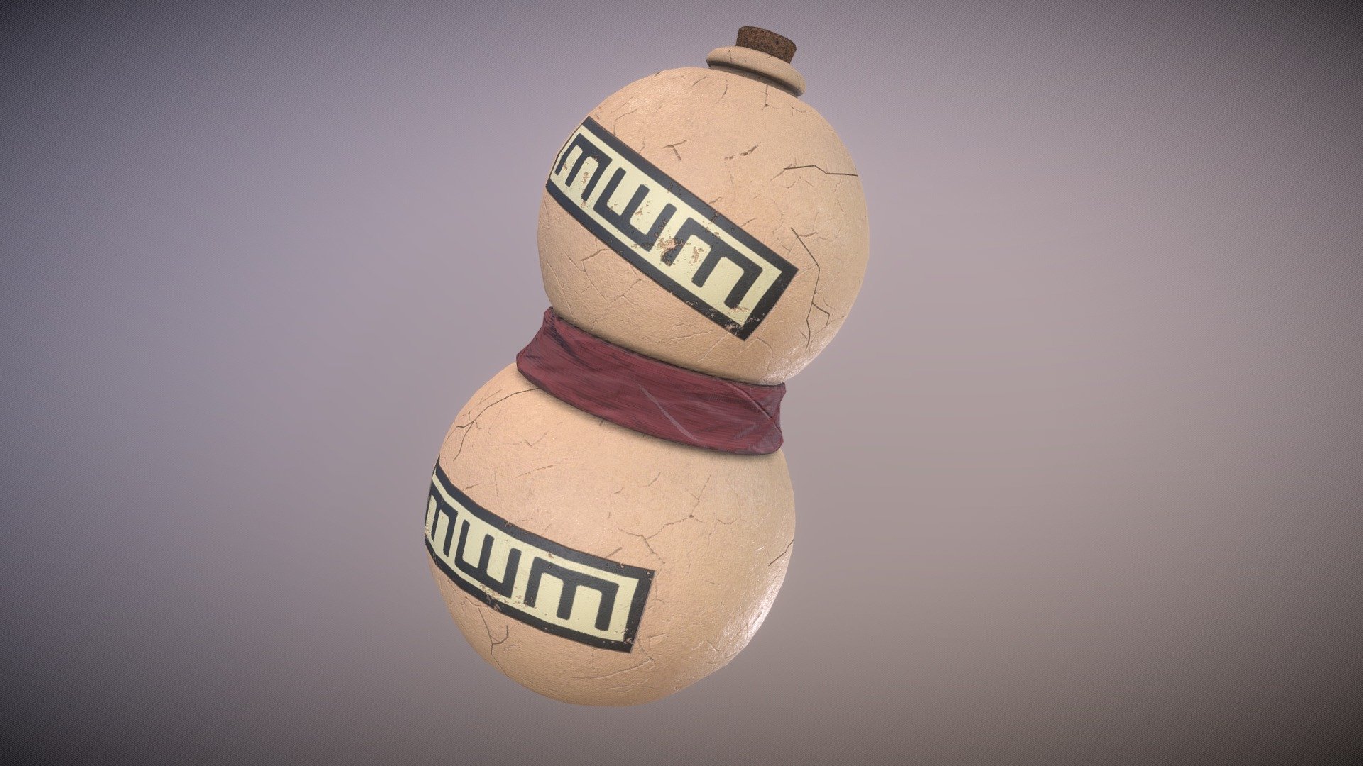 Gaara's gourd from naruto, used to carry weaponized sand.

This is my interpretation of what Gaara's gourd could look like in the real world if it were made from realistic materials. The gourd is made of clay, with the cloth band in the middle consisting of a silk-like fabric. I assumed the symbols around the gourd to be talismans, and gave them the appearance of being &ldquo;stuck on