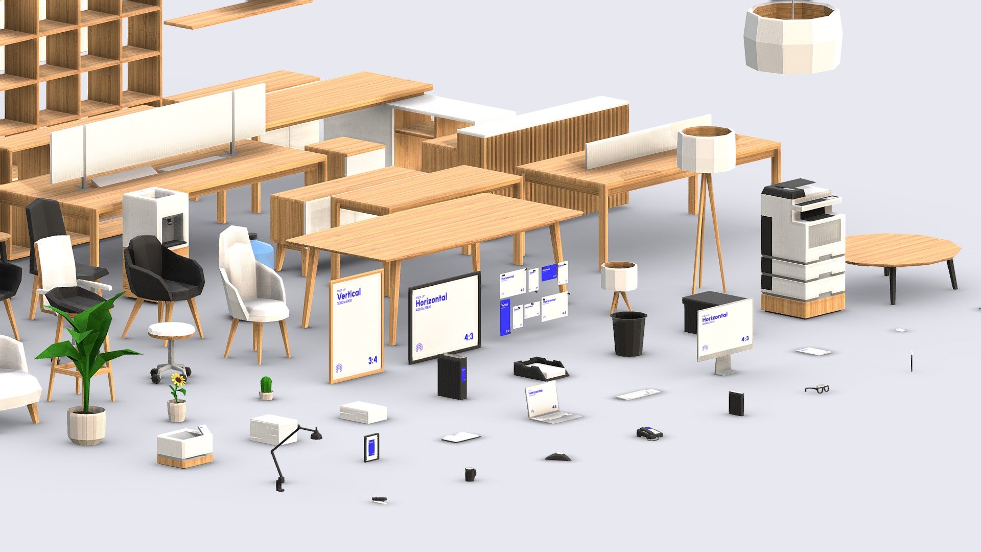 Low Poly Modern Minimal Office Furniture
9,537 Vertices / 8,666 Faces each / 73 Objects

Elevate your virtual office and architectural visualization projects with our Premium 3D Office Furniture Pack. This meticulously crafted collection of high-quality 3D objects is designed to meet the diverse needs of architects, game developers, and architectural visualization professionals. From executive offices to bustling workspaces, this pack has everything you need to create stunning, true-to-life office scenes.

Includes the next files in OBJ, FBX, GLB and BLEND (Native):




4 Screens/Boards

13 Cabinests/Shelves

9 Desks/Tables

10 Chairs/Sofas

4 Lamps

6 Gadgets

13 Desk Supplies

3 Plants

2 Frames

2 Printers

7 Extras
 - Modern Minimal Office Furniture Pack - Buy Royalty Free 3D model by Studio Ochi (@studioochi) 3d model