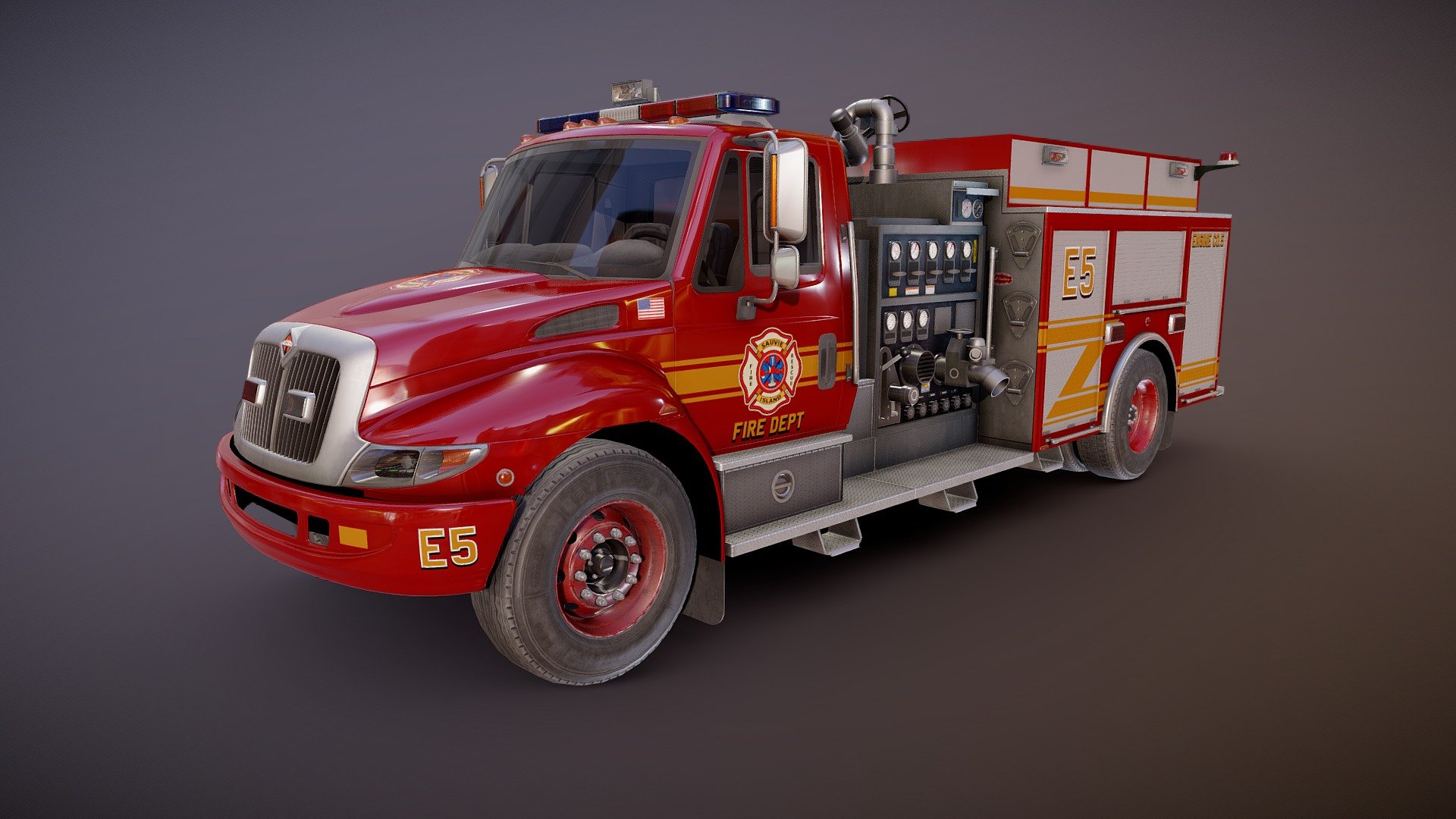 Durastar Firetruck game ready model.

Full textured model with clean topology.

High accuracy exterior model.

Different tires for rear and front wheels.

High detailed cabin - seams, rivets, chrome parts, wipers and etc.

High detailed equipment - gauges, valves, tubes, flash lights etc.

High detailed rims and tires, with PBR maps(Base_Color/Metallic/Normal/Roughness.png2048x2048 )

Original scale.

Lenght 9.3m , width 3m , height 3.3m.

Model ready for real-time apps, games, virtual reality and augmented reality.

Asset looks accuracy and realistic and become a good part of your project 3d model