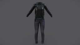 $AVE Female Leather Jacket Denims Tshirt Outfit leather, front, , fashion, urban, girls, jacket, open, clothes, pants, biker, rider, realistic, real, casual, womens, t-shirt, outfit, wear, denim, cool, pbr, lowpoly, low, poly, female, black, female-clothes