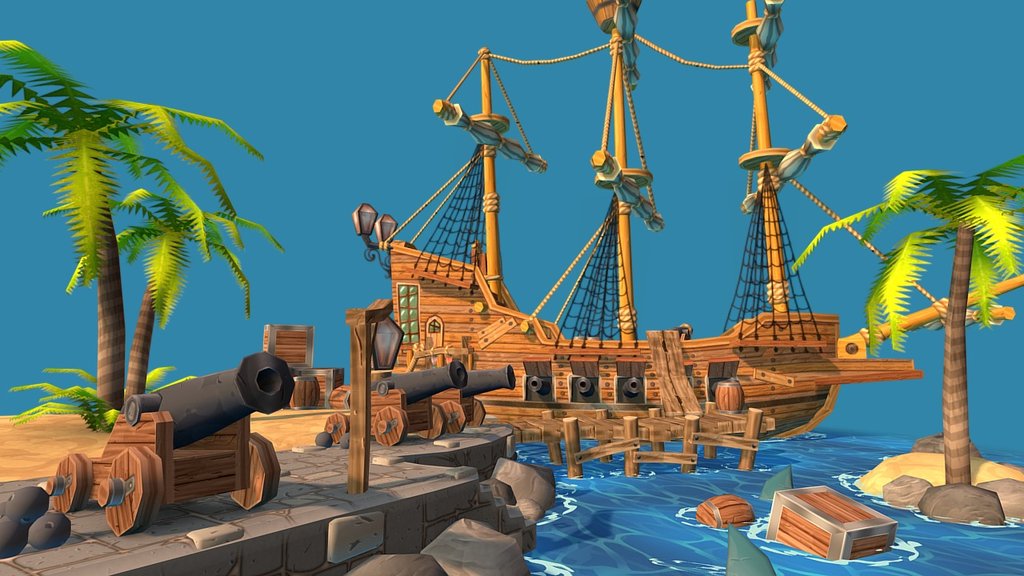 Handpainted low poly scene of a smuggler's ship and a harbor in a carribean setting 3d model