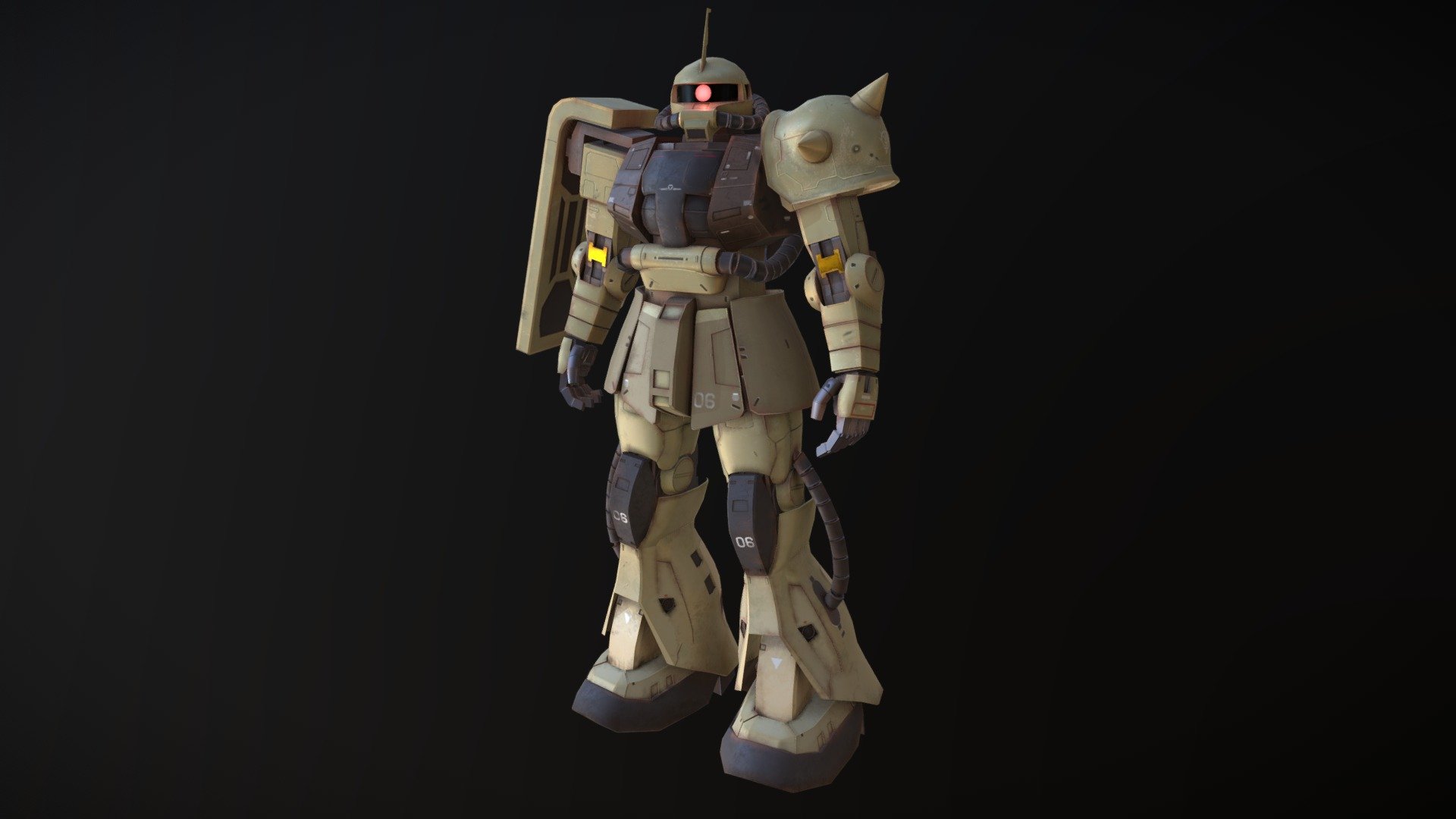 A full model of the Zaku II mecha from Mobile Suit Gundam - after about a month's work, I'm pretty happy with it! This particular colour scheme is based on the Minelayer variant. Soon enough I'll be working on alternative colour palettes and getting him rigged so he can be animated - keep an eye out for more! - MS-06F Zaku II - 3D model by teeteegone 3d model