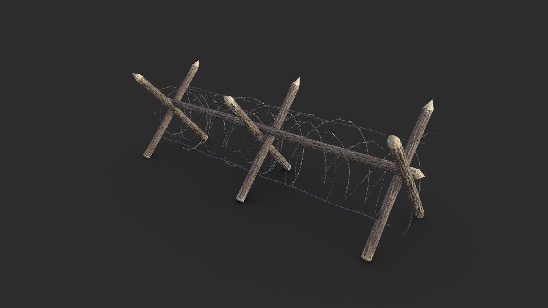 A 3D model of a barbed wire fence used during the WWI and the WWII. This fence was used in front of trenches for WWI and also on the Atlantic Wall during the D-Day in Normandy for WWII. This model is game ready and includes 3 LODs. It includes a unique material with 2 versions of textures (clean and dirty).

The 3D model is ready for game and low poly using. All materials are ready for PBR rendering.

Originally created with Blender 2.79b

Low poly model

SPECIFICATIONS

Objects : 3
Polygons : 1202
Subdivision ready : No
Render engine : Cycles render (Eevee ready)

LODs

LOD0 : 796
LOD1 : 264
LOD2 : 142

TEXTURES

Materials in scene : 1
Textures sizes : 4K / 2K / 1K
Textures types : Diffuse, Metallic, Roughness, Normal (DirectX &amp; OpenGL), Heigh and AO
Textures format : PNG

GENERAL

Real scale : Yes
Scene objects are organized by groups

ADDITIONAL NOTES

File formats do not include textures. All textures are in a specific folder named &lsquo;Textures' - Barbed wire fence WWII - Buy Royalty Free 3D model by KangaroOz 3D (@KangaroOz-3D) 3d model