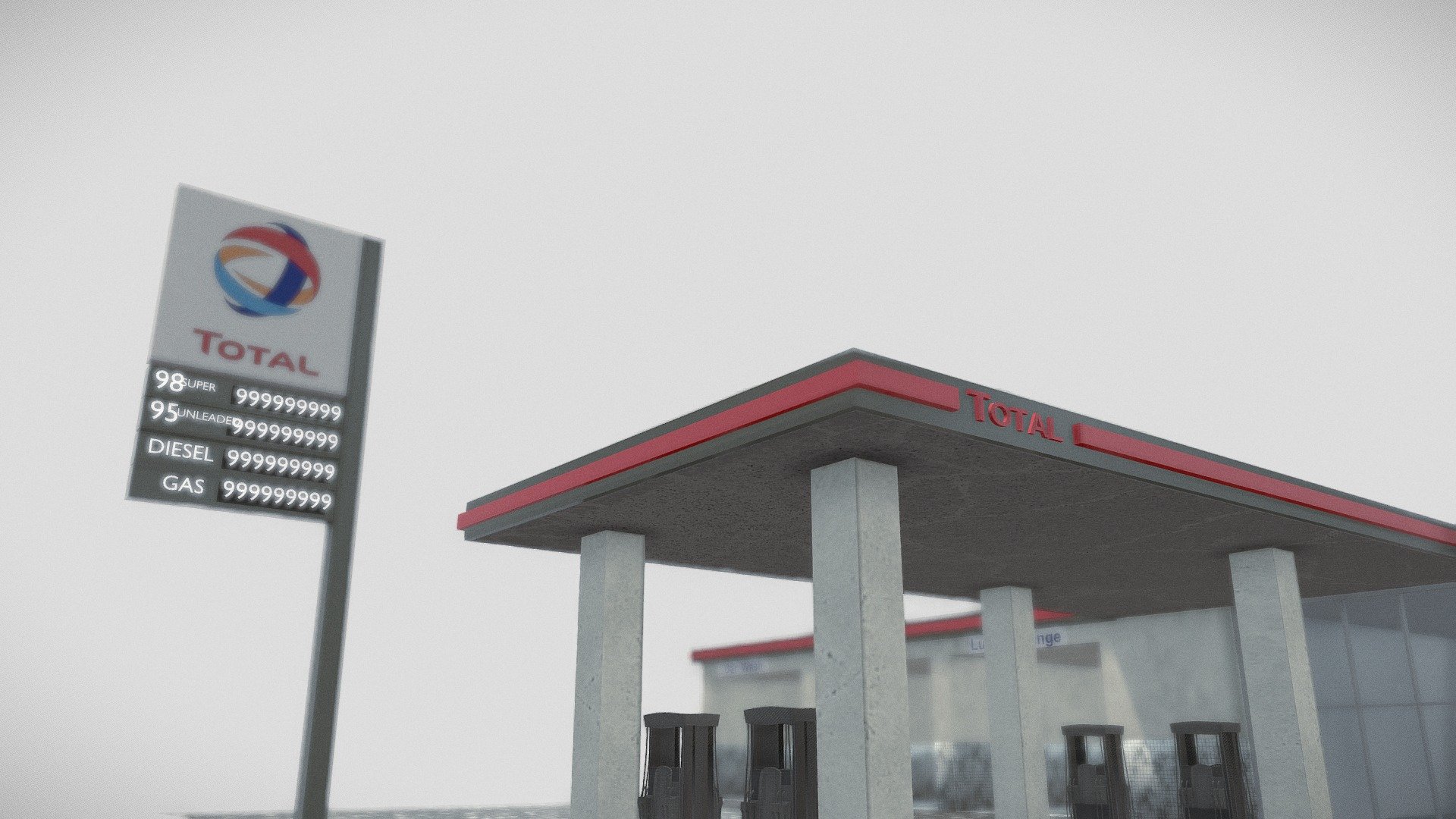 A Total-branded gas station, including car wash, lube change, dashboard and pumps. good for realistic close up shots 3d model