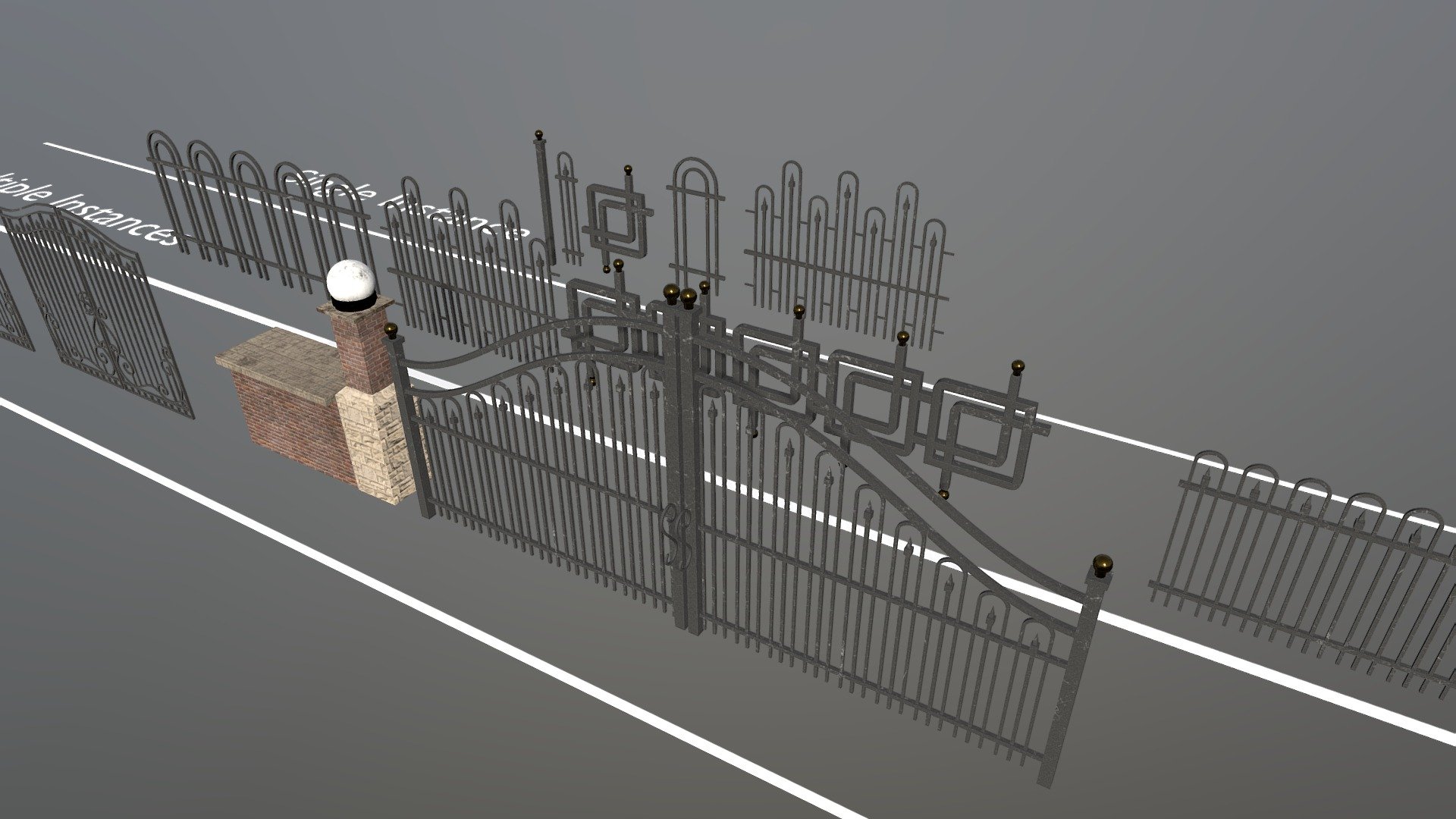 Modular Metal Fences and Gate Pack with all Textures for games/renders.
You can use single instance and use array modifier to make fence as long as you want then add the fence end bar.
Thank You!Like and Follow - Modular Metal Fences and Gate Pack - Buy Royalty Free 3D model by Nicholas-3D (@Nicholas01) 3d model