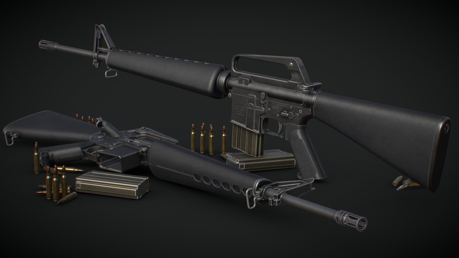 Parts are separated to ease rigging. Parts include


5.56 bullet
5.56 casing
Bolt
Bolt catch
Charging handle
Dust cover
Magazine
Mag follower
Mag release
Rear sight
Selector
Sling swivels
Trigger

Textures included:


2K and 4K textures
2K Unreal packed textures
4K baked textures for custom texturing

Also comes with a blend file that includes the basemesh, lowpoly and highpoly 3d model
