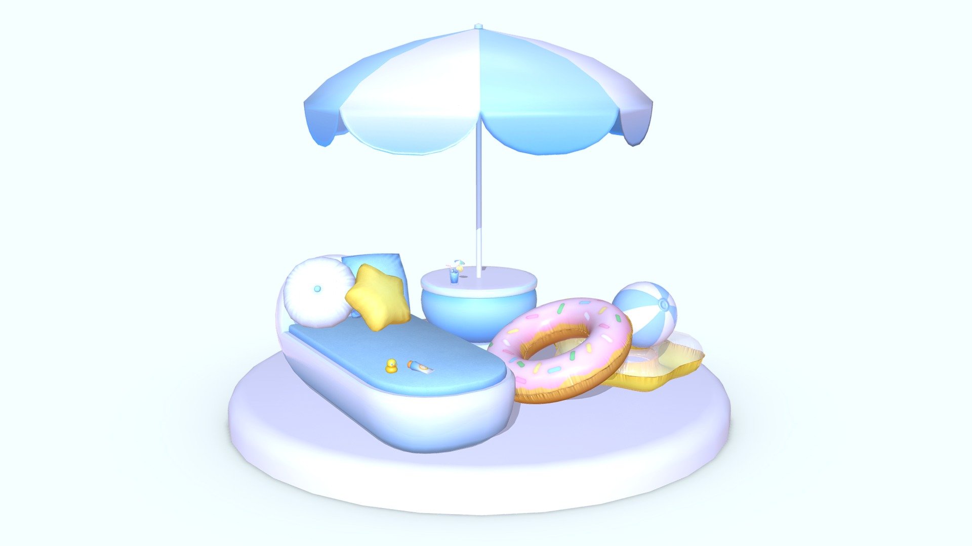 This is a Stylized Pool Set made as a prop package for VRChat containing 11 different models:
☁️Sunbed
☁️Parasol + Table
☁️Square Pillow
☁️Star Pillow
☁️Round Pillow
☁️Beach Ball
☁️Swim Ring (Regular)
☁️Swim Ring (Star)
☁️Sunscreen
☁️Rubberduck
☁️Drink

Because this model originally is made for VRChat, it uses PoiyomiToonShader V8.1.166, a free open-source shader intended for use with VRChat, but the showcase scene also includes UnityStandard as a backup. In order for the shader to work, you need to import it into your project first.

It comes with two different colorways:


Upon purchase you will recieve a zip folder containing:
• 1 Unity Package
• 12 fbx
• 22 Textures (2 Colorways with Base Color, Normal, Roughness, Opacity)
• Important Links
• Information Text

The Unity Package contains:
• Showcase scene with 3 different shaders (PoiyomiRealistic, PoiyomiToon, UnityStandard), in 2 colors
• Models
• Prefabs
• Textures
• Materials - Stylized Pool Set - Buy Royalty Free 3D model by icebell 3d model
