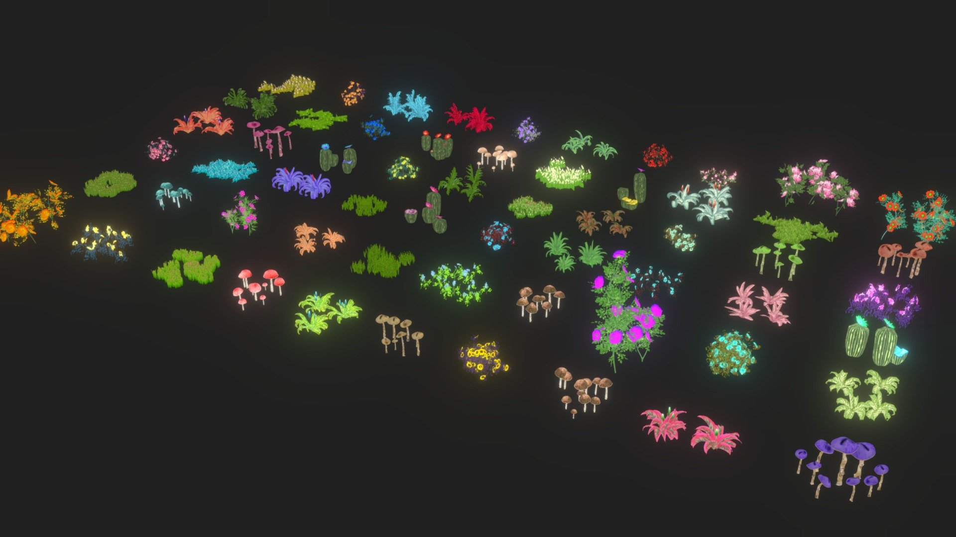 A package of low polygonal plants. The package contains 60 objects. Objects are optimized as much as possible. The total polygon is 306407 triangles.

Triangles: 840 to 9244 Vertexs: 945 to 20558 Only Textures Diffus duplicated in resolution 1024 and 512. Format textures of PNG. Files include: 3Dsmax, 3Ds, Obj, Fbx and folder with textures. Ready import to game project (Unity, Unreal)
Enjoy and great works for you! - Low poly Cartoon Flower Collection 02-Game Ready - 3D model by josluat91 3d model