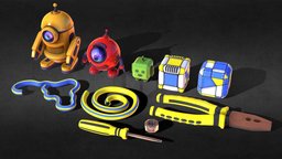 Hi-poly cartoon robots (original concept) cube, cute, robo, sphere, props, robot, funny