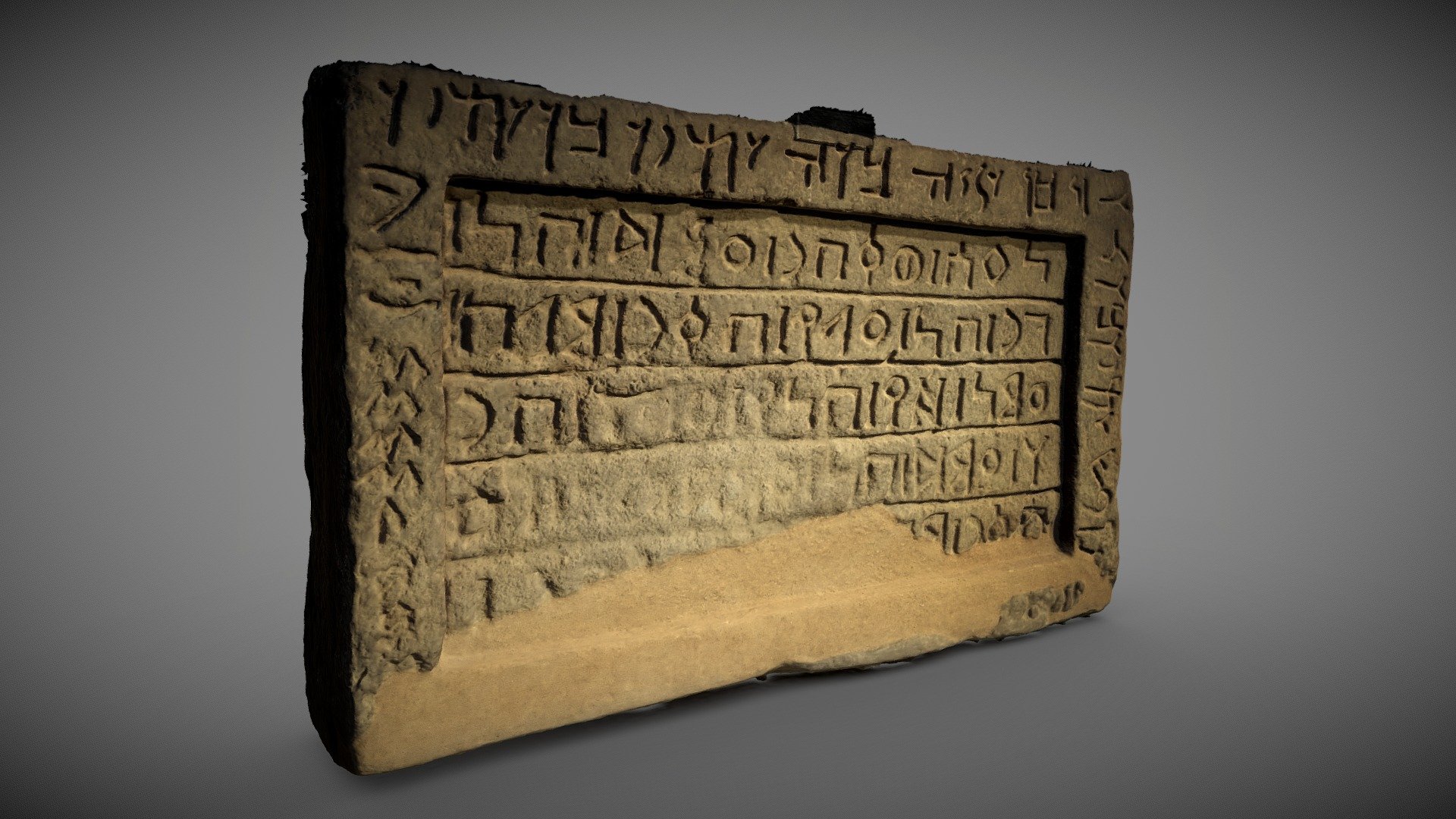 This lime plaster block with a bilingual funerary inscription was discovered in 2015, reused inside an underground tomb chamber. Musée d’Art et d’Histoire (Musée du Cinquantenaire, Brussels, Belgium). Made of 140 pictures with ReCap pro from AutoDesk. 

&ldquo;This is (?) the memorial of ?Amud,son of Gurr, which his son ?Amud,son of ?Amud, built over him year 90 (or 97).
