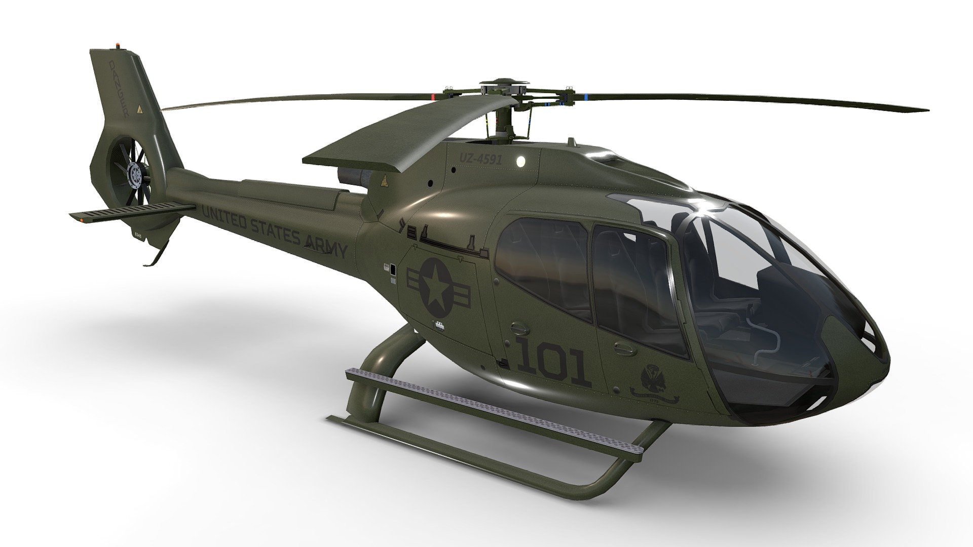 Low poly helicopter with 4 preconfigured level of detail

Made using blueprints in real world scale meters

LOD0 is the HQ version of the asset with bended top rotor and tiny parts

All other LOD are made unsolicited and voluntarily

LOD0 19710 tris, LOD1 10462 tris, LOD2 7388 tris, LOD3 5990 tris

All meshes are clean and 100% human controlled triangulated

Properly placed rotors pivots for flawless rotations

Simple capsule built interior that however fits perfectly the body

Non-overlapping unwrapped with best mapping for brandings

Both PBR workflows ready native 4K textures

Decreasing physical resolution to 2K results in a still decent looking heli

All liveries within the Airbus H130 series are interchangeable

For this purpose change just the 3 x albedo maps for body, rotors, interior

All LOD are exported seperately and together in each file format

Included are multiple file formats and native textures for download
 - US Army Helicopter Airbus H130 Livery 35 - Buy Royalty Free 3D model by RealtimeModels 3d model
