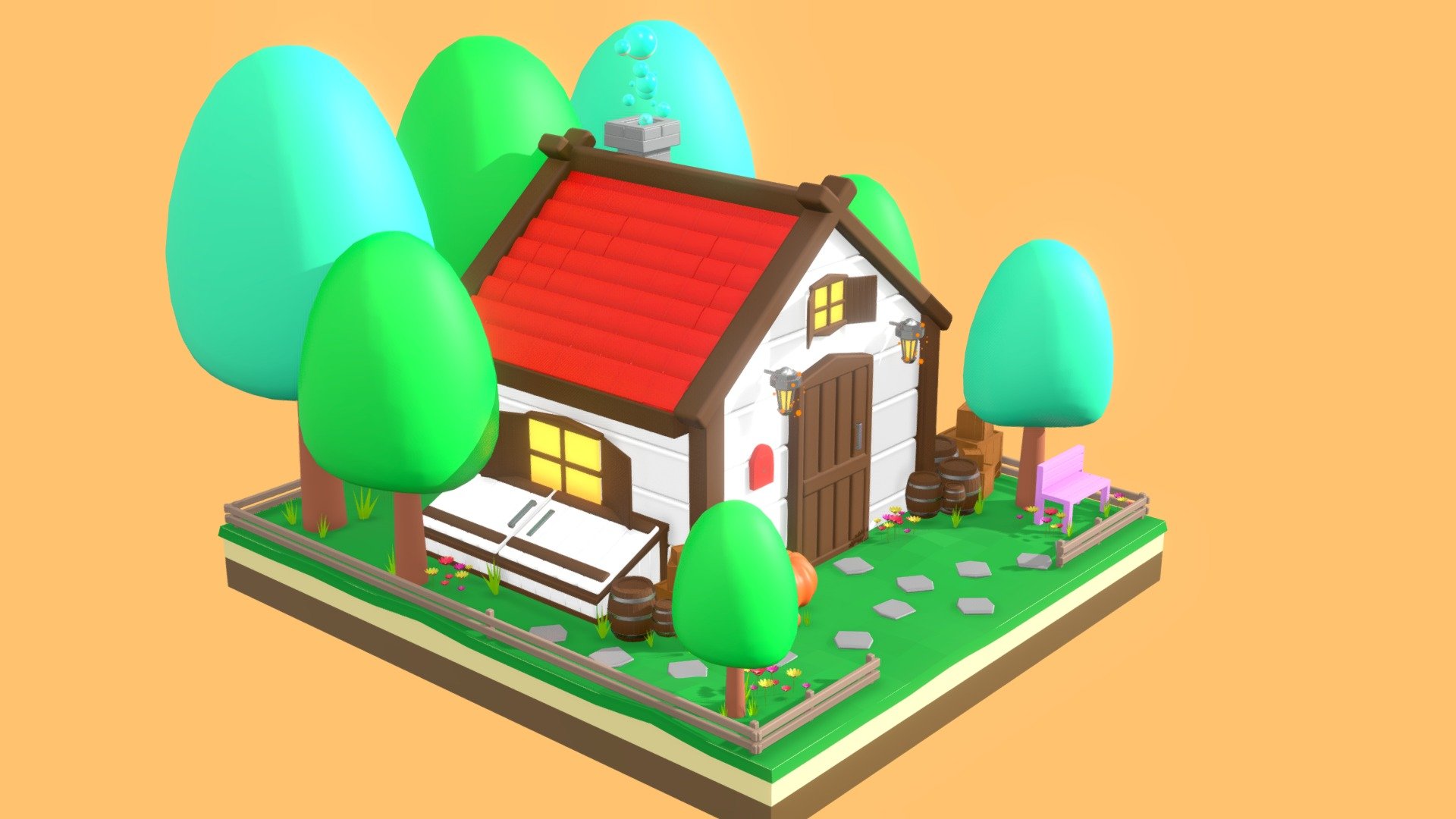 ● Cute cartoon style house with flowers, pumpkin and trees in forest 

● Scene include house, trees, pumpkin, fence , bench, grass, flowers, barrels and boxes

● Quad Geometry

●  Made in Blender - Cute cartoon style house in  forest - Buy Royalty Free 3D model by Nataliia_Ch 3d model
