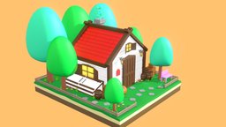 Cute cartoon style house in  forest tree, scene, forest, cute, barrel, flower, bench, medieval, stylised, box, fairytale, fantasyscene, cartoon, house, home, building, fantasy