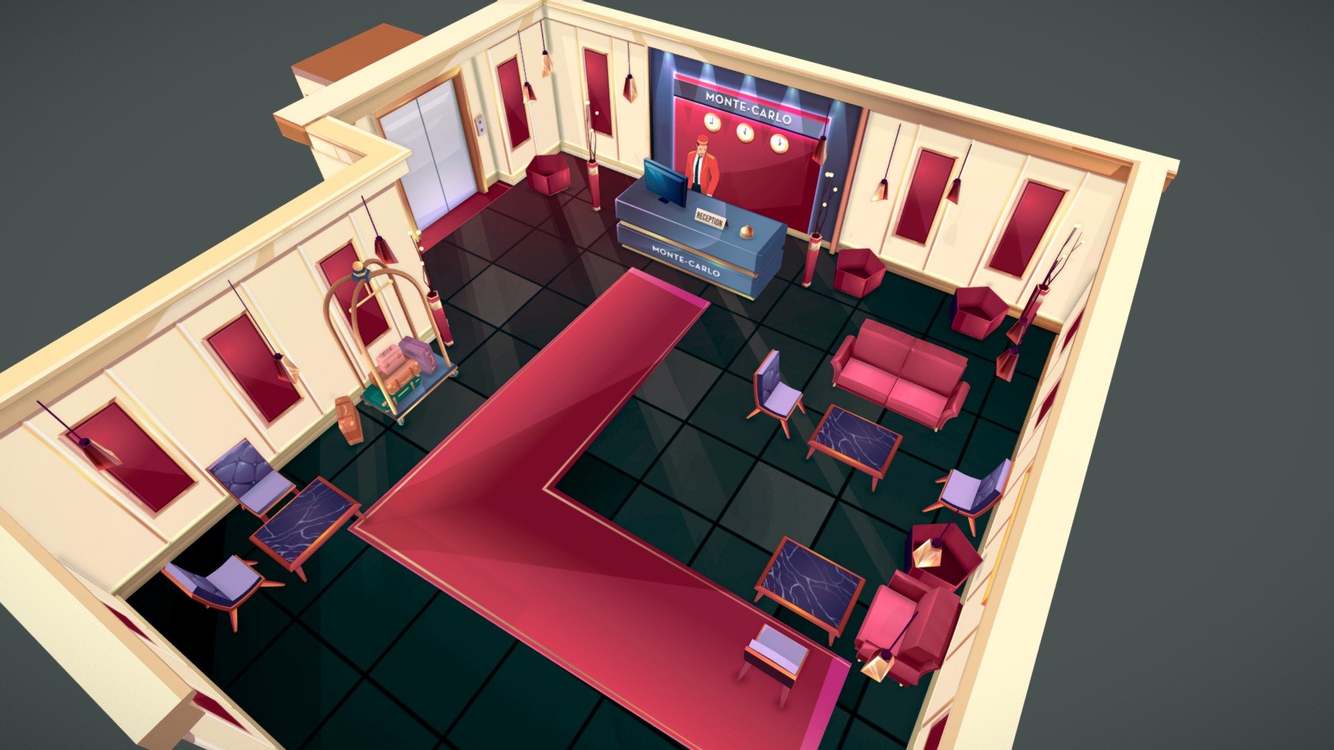 HOTEL LOBBY RECEPTION-  cartoon lowpoly assets
done on blender for your games, and cartoons. 
its a hotel lobby w ith all its assets, with character , luggage, furniture etc - HOTEL LOBBY RECEPTION -  cartoon lowpoly assets - Buy Royalty Free 3D model by haykel-shaba (@haykel1993) 3d model