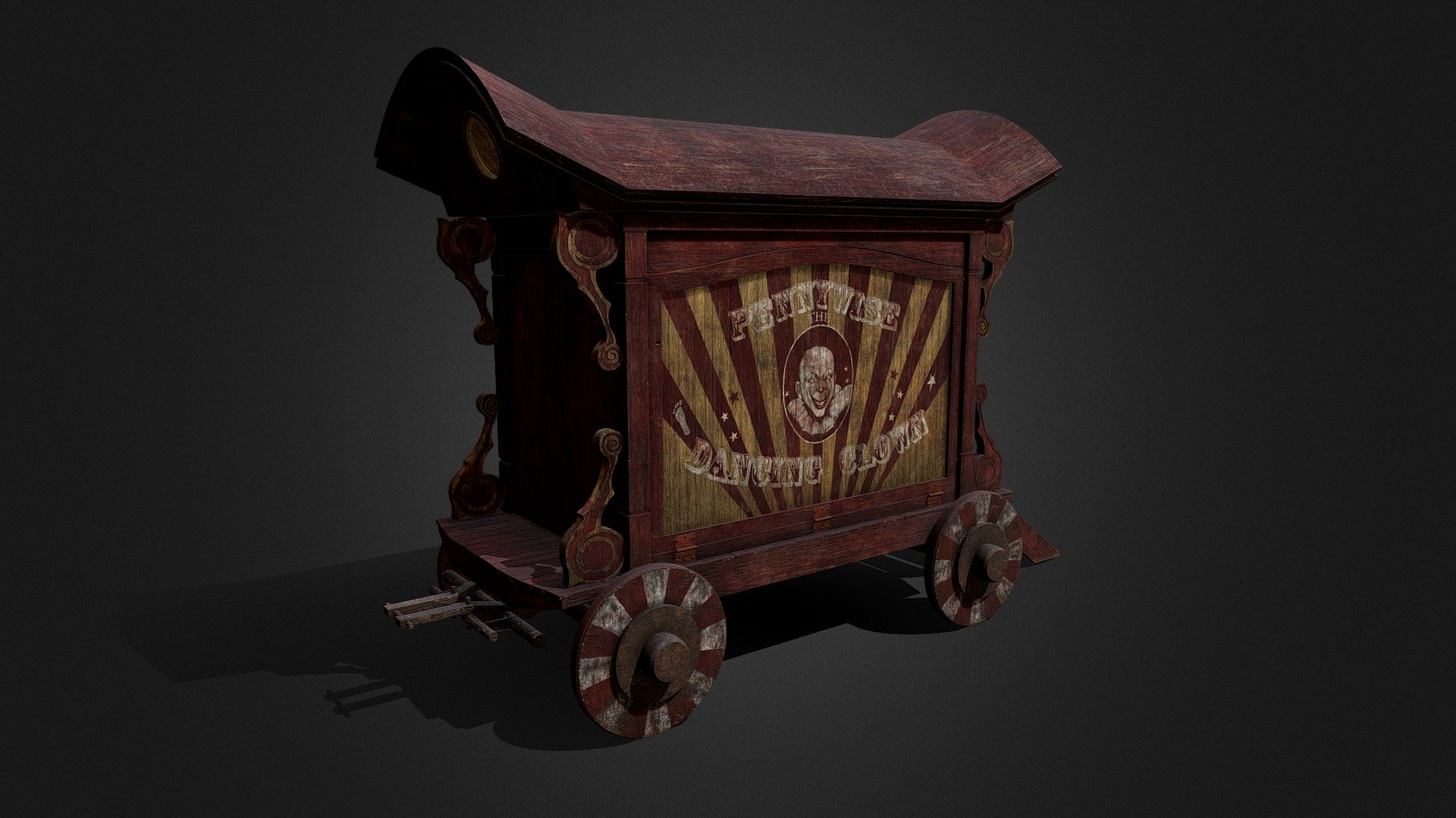 The Pennywise wagon from the new adaptation of the IT (2017) movie. I tried to make it as accurate as possible, although it’s missing some key details and textures. Hopefully I can add the curtains, ropes and tiny lantern later once I have the knowledge how to create them.
The clown portrait on the front was created by @alienrat_illustration and the landscape painting on the inside was created by @andromedadualitas, both on Instagram.


 - Pennywise's Wagon - 3D model by Meadow 3d model