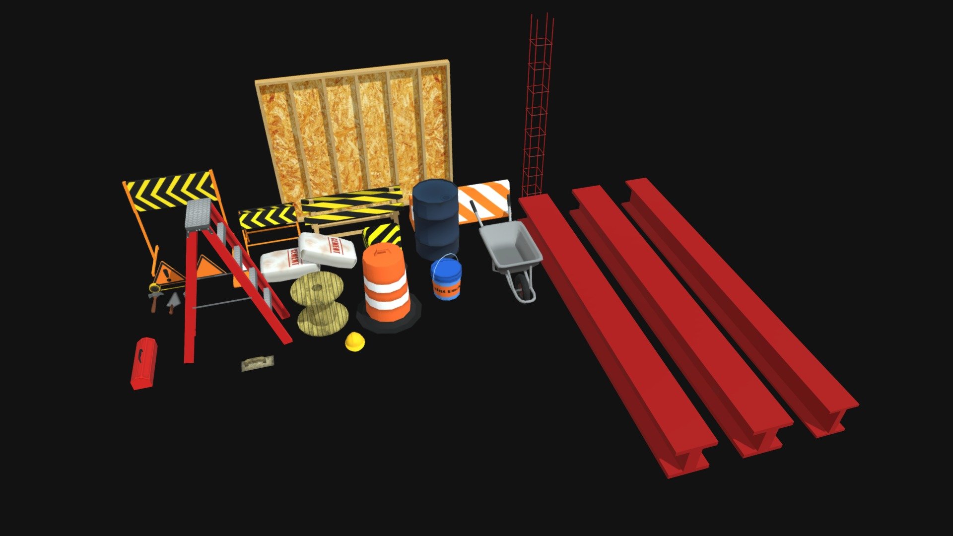A pack of objects/tools related to construction&hellip;




The materials have a resolution of 2040x2040;

The objects that this pack contains are:




Measuring Tape;

Painting Bucket;

Steel Bars;

Toolbox;

A wood wall;

Some traffic signs;

Wooden Cable Drum;

Duct Tape;

Wheel Barrow;

Hook;

Metal Barrel;

Cone;

Cement Sacks;
and more&hellip;

-If you want to edit a material, i saved the PSD file for that, just open and edit

I created this pack in one week :)

IMPORTANT : The FBX file is texturized, the .MAX file does not because the Textures archive was compacted to make the zip file small 3d model