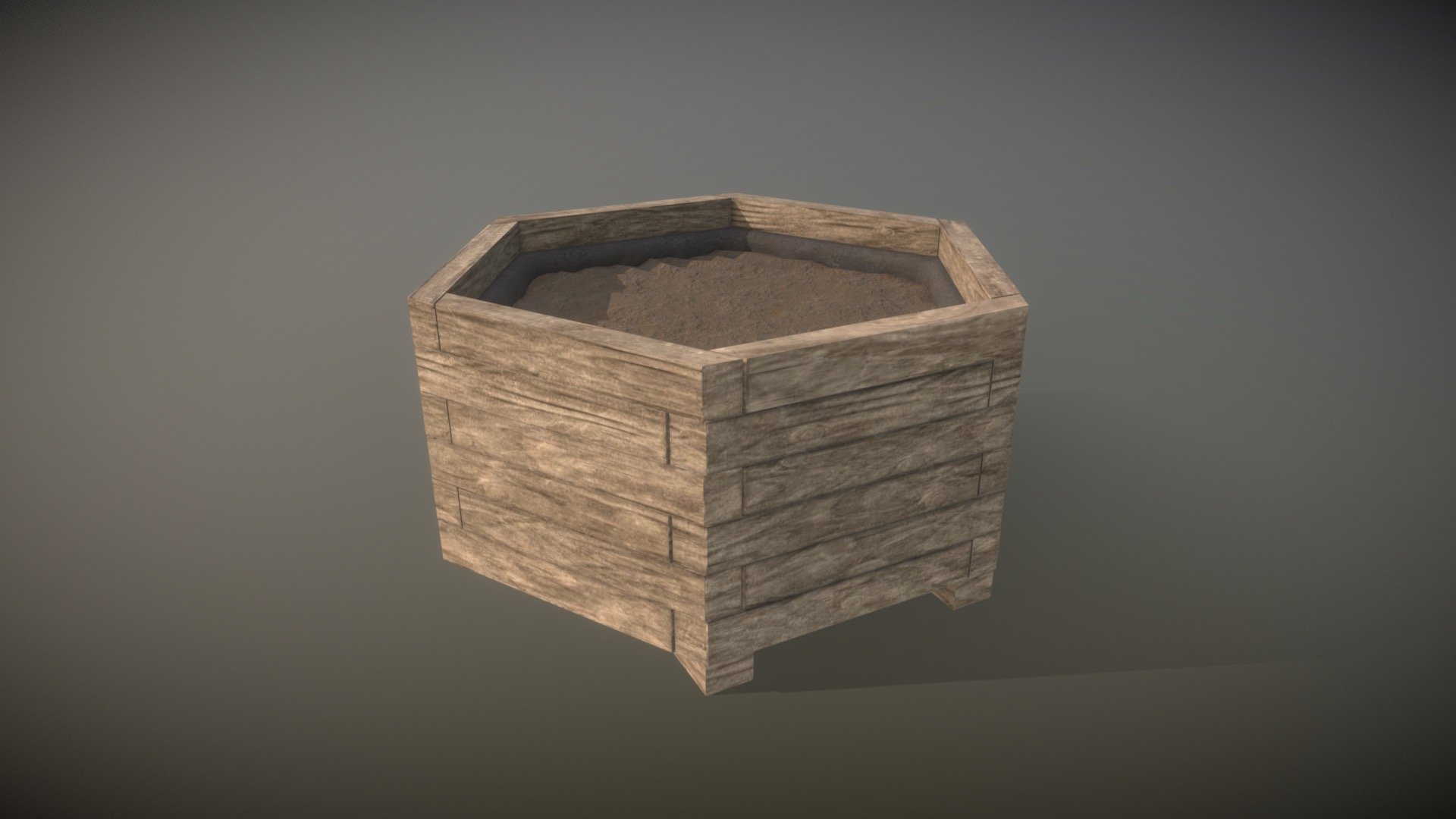 Hexagonal Plant Box Low Poly PBR - 
Wood, plastic inlet and some ground inside.
 - 
Zip file includes fbx obj dae and texture channels as PNG. USDZ file has also material and textures embedded 3d model