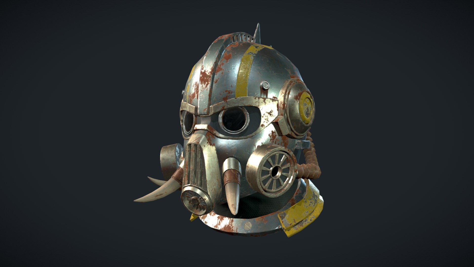 This helmet is every fighter's best friend in the world of Rustborn. The filtering system and tinted glasses give good protection against the sand and sun, the sturdy exterior keeps your precious head safe. Additionally, the tusks make you look scary to signal to other people you are mean and tough.

This prop was modelled and unwrapped in Maya and textured in Substance Painter 3d model