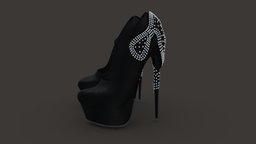 Black Suede High Heel Shoes With Diamonds Bow