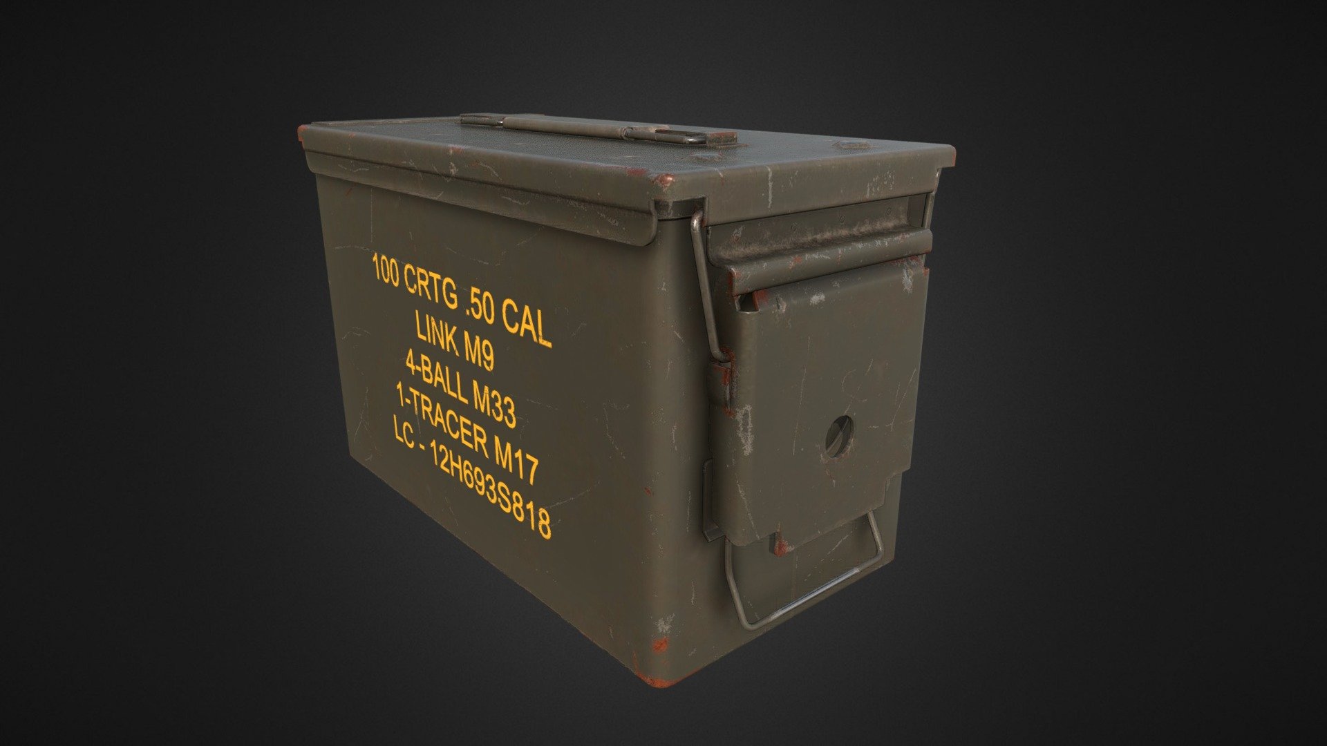 Military ammo box for 100 linked .50 Cal rounds. 
A little bit worn, but serves good 3d model