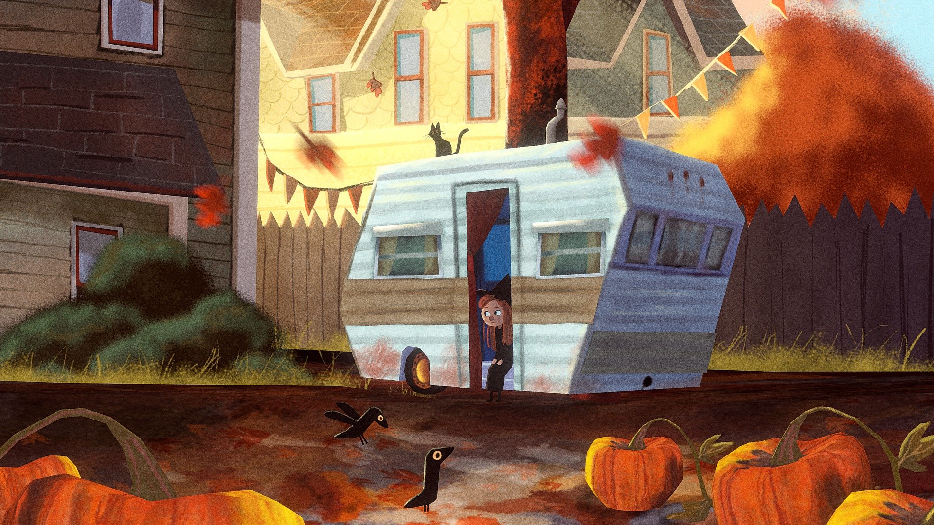 Based on an Izzy Burton's illustration

&ldquo;Catrina’s mother was not going to have a witch under her roof so Catrina had taken up residence in the caravan in the back yard. It was a little rusty and if it rained particularly hard the water would squeeze it’s way in and drip down onto the old Lino floor, but it wasn’t all that bad. Catrina liked the independence. She learnt to cook for herself and borrowed hundreds of books from the library to teach herself all the necessary things that adults do. And she made friends too, with next doors cat and a few crows. A few weeks later the pumpkins started showing up, just a few at first but every time Catrina’s mother tried to cut them back more grew in their place. Catrina thought the pumpkins made the yard look warm and cosy, and she was glad they didn’t let her mother stop them from growing and thriving