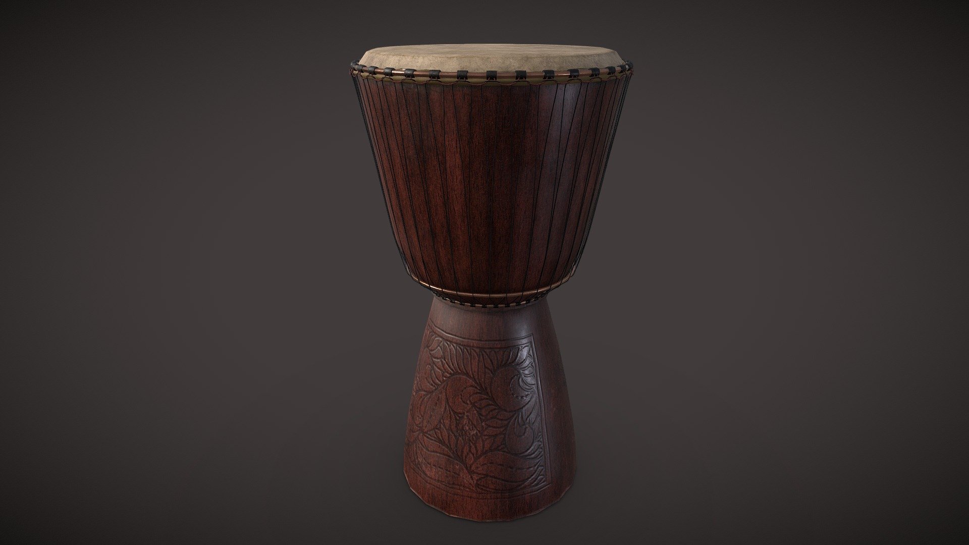 A djembe or jembe is a rope-tuned skin-covered goblet drum played with bare hands, originally from West Africa. 

The djembe can produce a wide variety of sounds, making it an extremely versatile drum. The drum is very loud, allowing it to be heard clearly as a solo instrument over a large percussion ensemble 3d model