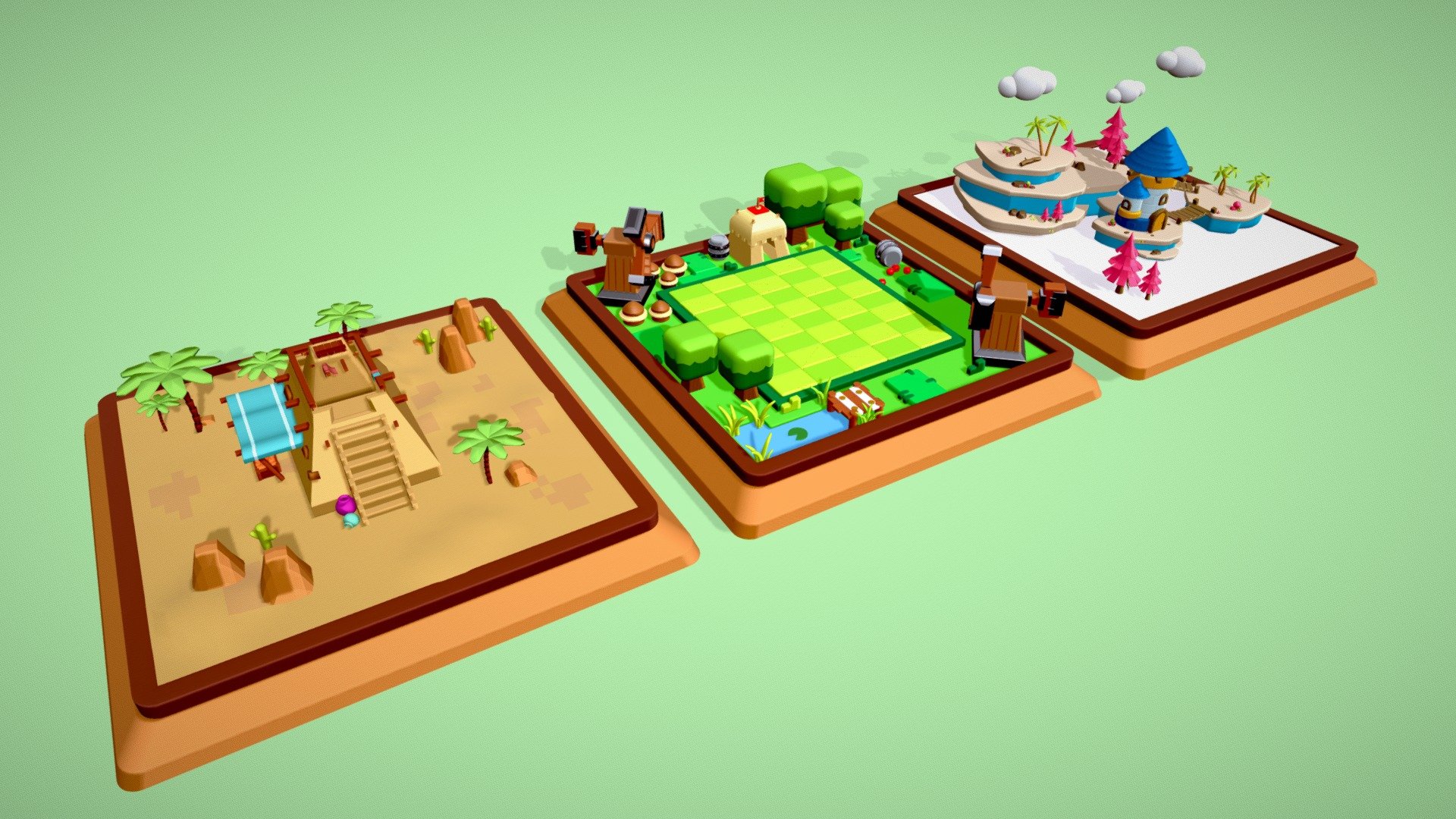 This package contains Very nice three low poly environments in one pack.
1) Pyramid in Desert Environment
2) Green Farm Field Environment
3) Snow Environment

This pack is suitable for Hyper-Casual games, Platform Games, rendering, or whatever you want.
Can be used for the playground or platform games like Chess, Ludo, Merge Games, etc.
You can create various color variants as per your needs by changing materials.
You can also separate any part of the model like a tree, house, rock, etc.

All the models are originally modeled in a blender. This pack included the following file formats: Fbx, Obj, Glb, and Blend.
Leave valuable comments below. 
Rate this product if you liked it. Thank you 3d model