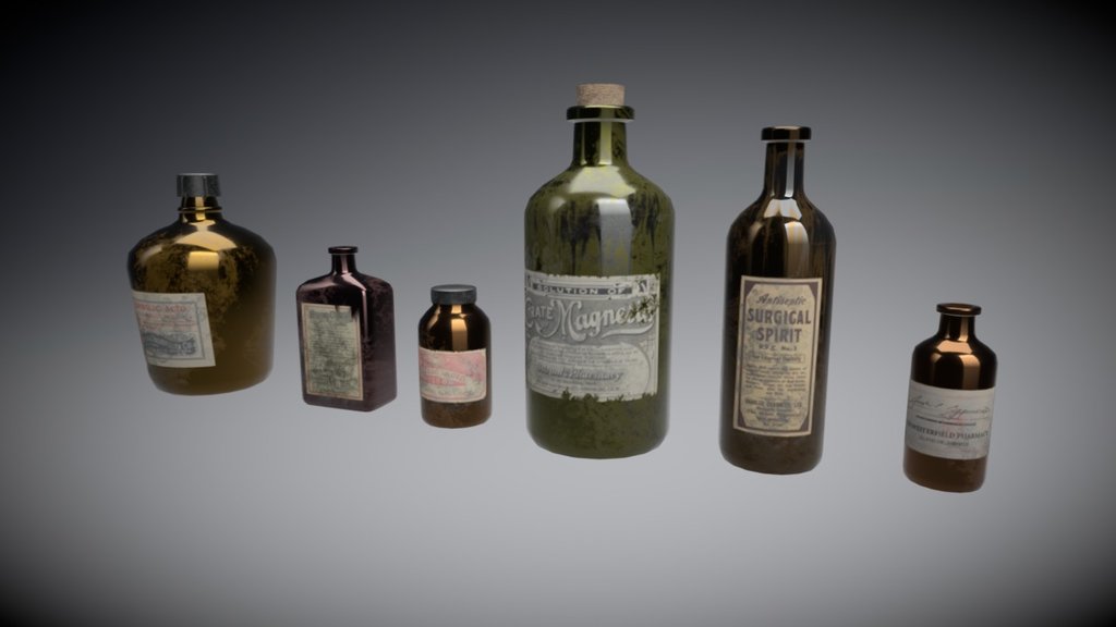Old medicine and pill bottles used in-game within the Unreal engine. Assets displayed in medicine cabinets and around operating theatre 3d model