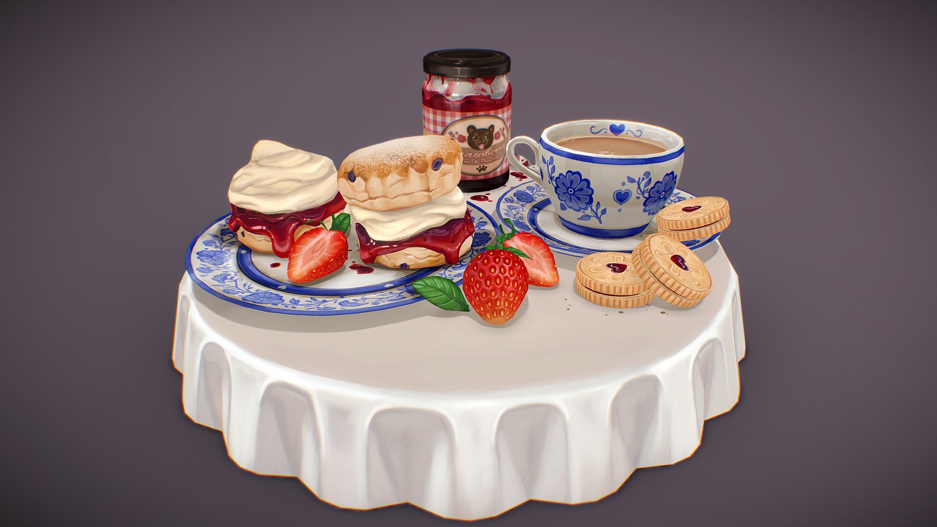 Wanted to learn to use 3D coat, so I put together this little hand-painted scene of cosy tea and scones. Oh, and Jammy Dodgers biscuits. Because what goes better with jam than more jam?
Ok, I just really enjoyed painting jam 3d model