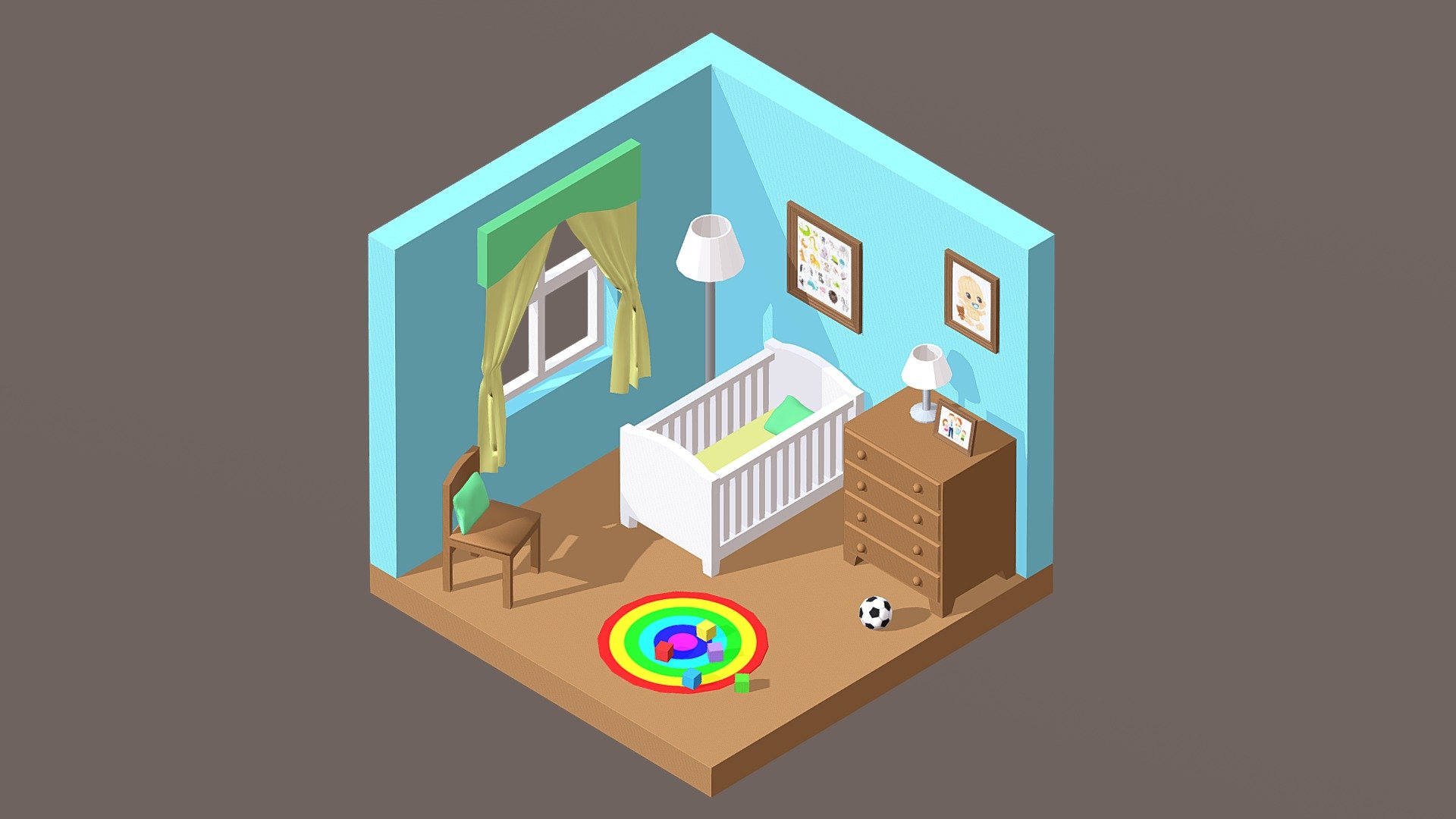 Daytime version of the baby room scene from Diaper Dash, a prototype co-op game which utilises an alt controller.

Mostly low poly assets used apart from the cushions and curtains 3d model