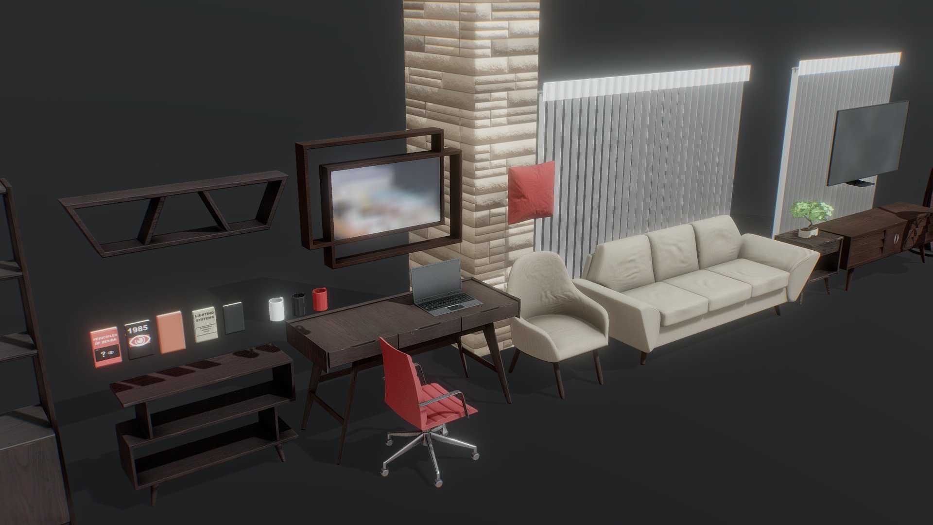 A High Poly, mid Century Modern Asset Pack Created with Blender 2.9

Included with your download is the original Blender project and an FBX file.  Upon importing into your 3D software of choice, the PBR shaders should automatically recognise the appropriate included textures (albedo, normal, specular, emissive), although you may need to manually reapply the specular textures 3d model