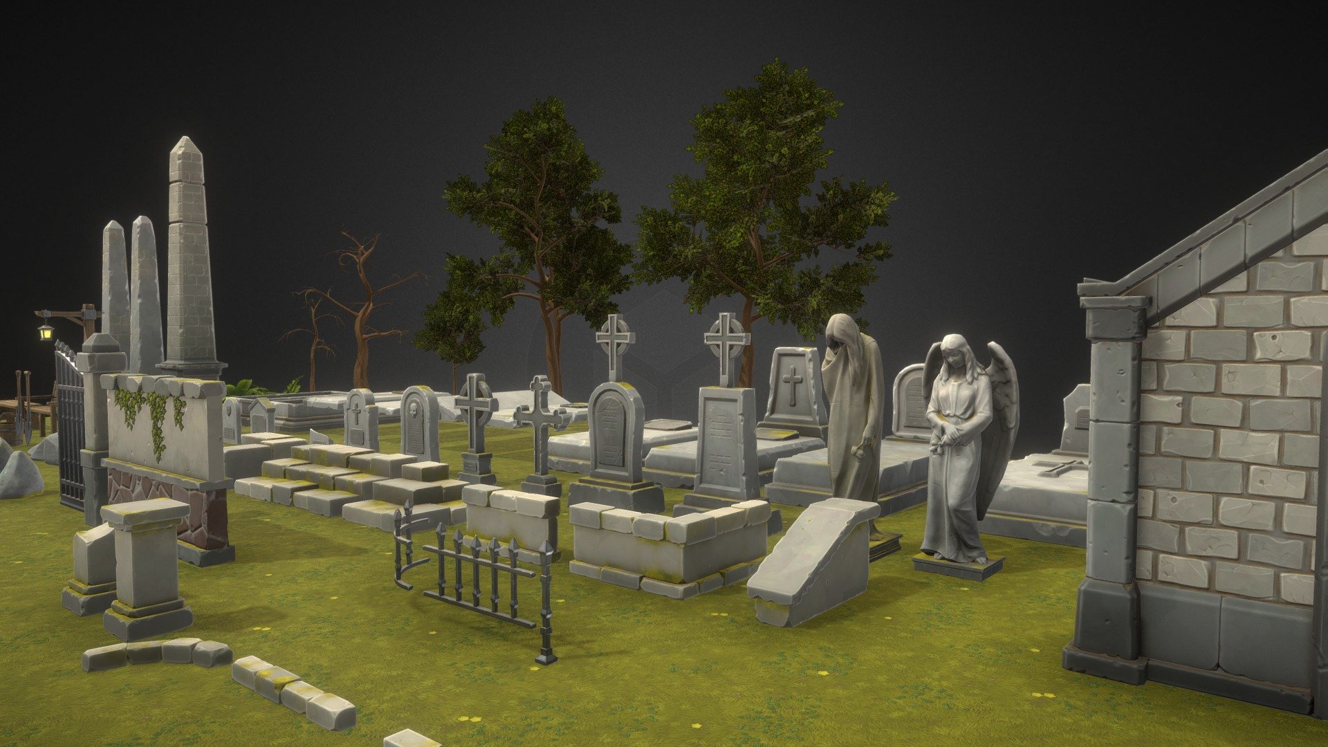 Full environment Stylized Graveyard made in unity.
The project contains many objects from which you can create a complete environment.

this is how assets look like in the Unity engine
https://youtu.be/b_rf6gv3s3A

Number of textures - 186

Texture dimensions - 2048x2048

Number of prefabs - 92

the package also contains a scene in Blender - Stylized Graveyard - Buy Royalty Free 3D model by MonarisScarlet 3d model