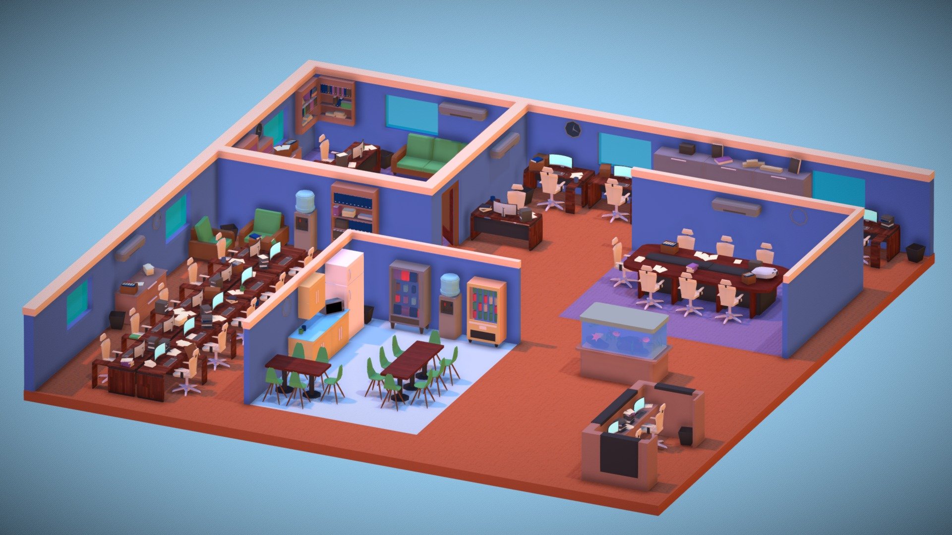 Low-poly isometric office environment scene. Everything is made by me exclusivly in Blender(excetp 3 textures).

You can check out renders of this and other models on my porfolio here: https://www.artstation.com/artwork/wJ46mg - Isometric office 3 - 3D model by Companion_Cube 3d model
